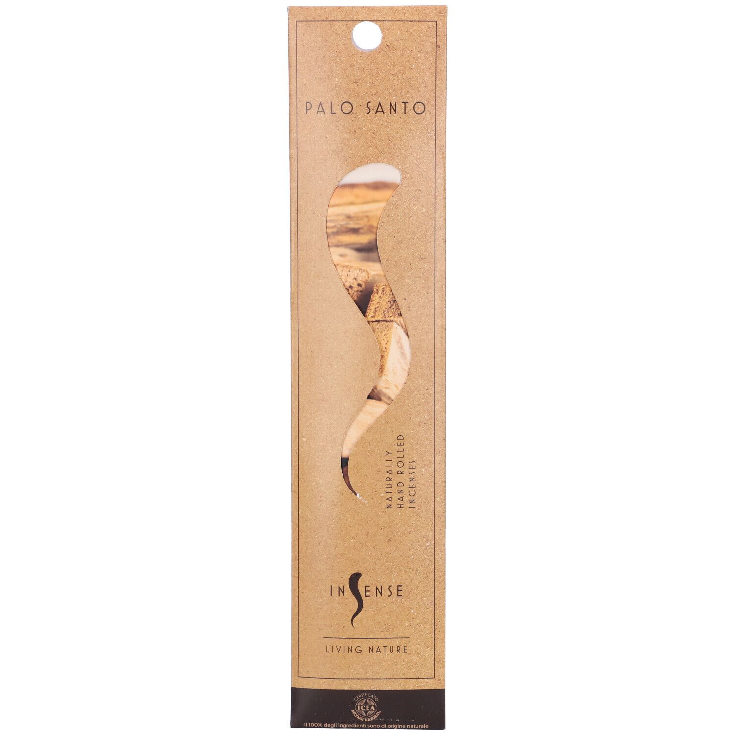 Confezione stretta marrone con bastoncini di Palo Santo. Scritta: Palo Santo, Incense. Bastoncini di incenso naturali arrotolati a mano.
