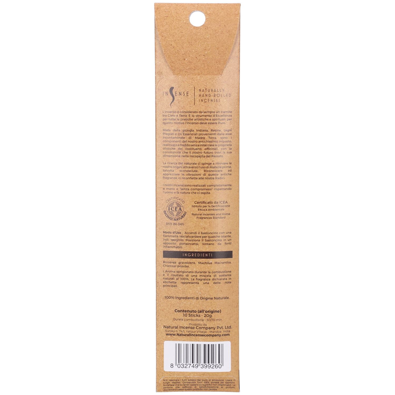 Retro della confezione marrone con testo. Scritta: Incense, 10 Sticks, 20g. Sono indicate anche certificazioni e ingredienti.