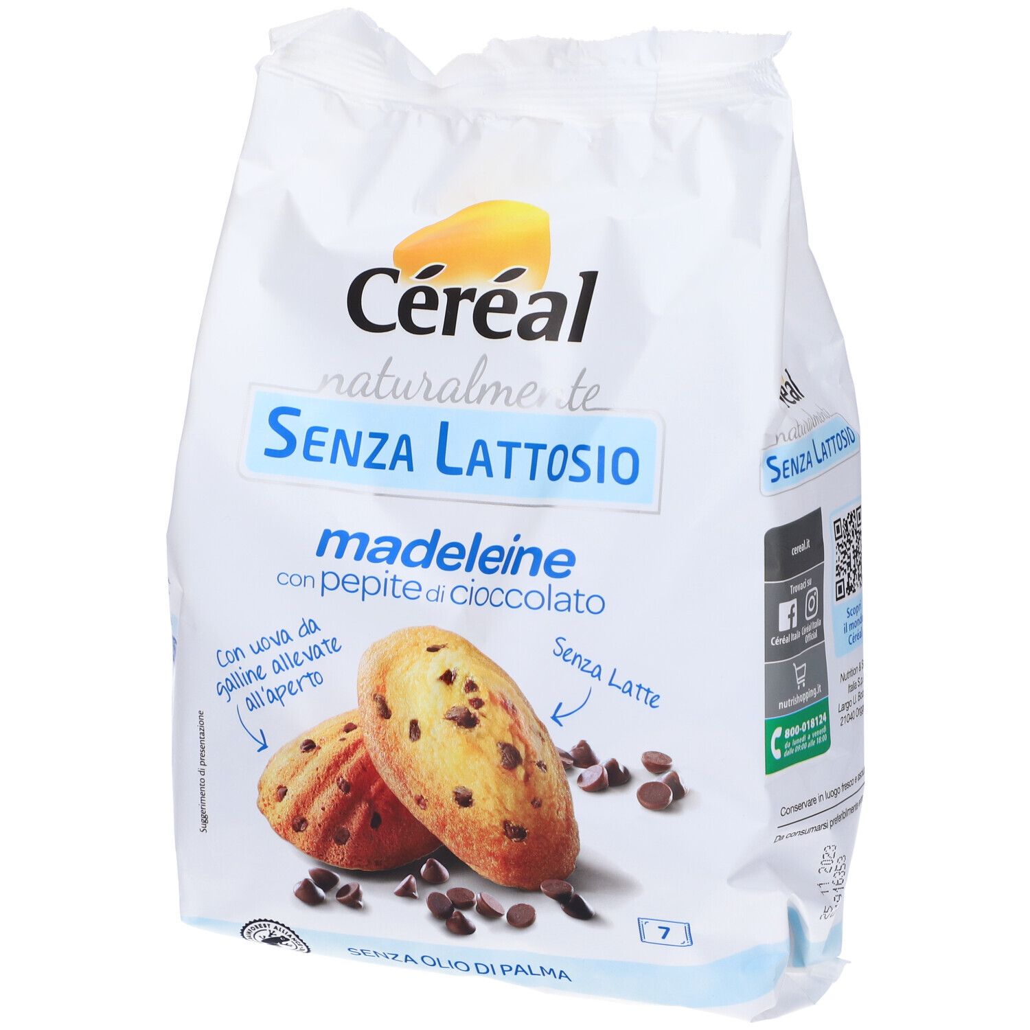 Confezione di Céréal Madeleine con gocce di cioccolato. Scritta: Senza Lattosio. Immagine di madeleine con gocce di cioccolato.