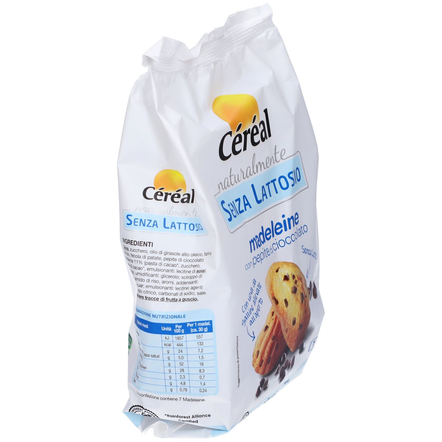 Confezione di Céréal Madeleine con gocce di cioccolato. Scritta: Senza Lattosio. Lista ingredienti e tabella nutrizionale.