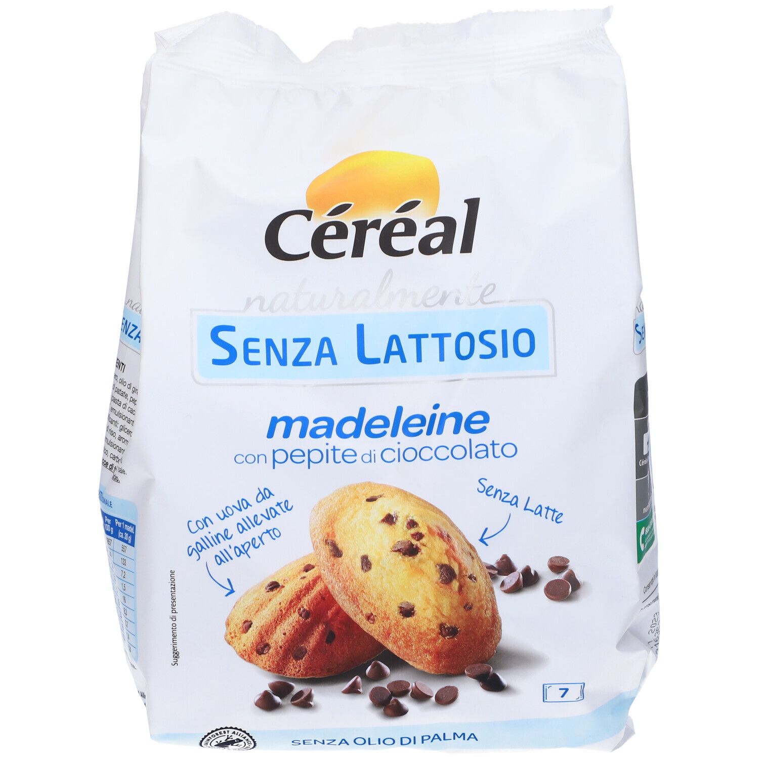 Confezione di Céréal Madeleine con gocce di cioccolato. Scritta: Senza Lattosio. Immagine di madeleine con gocce di cioccolato.