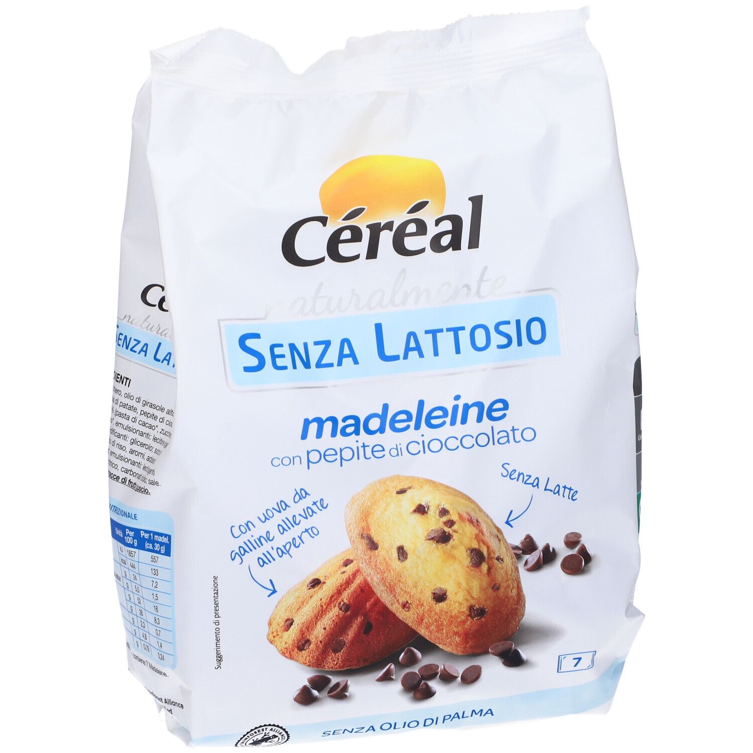Confezione di Céréal Madeleine con gocce di cioccolato. Scritta: Senza Lattosio. Immagine di madeleine con gocce di cioccolato.