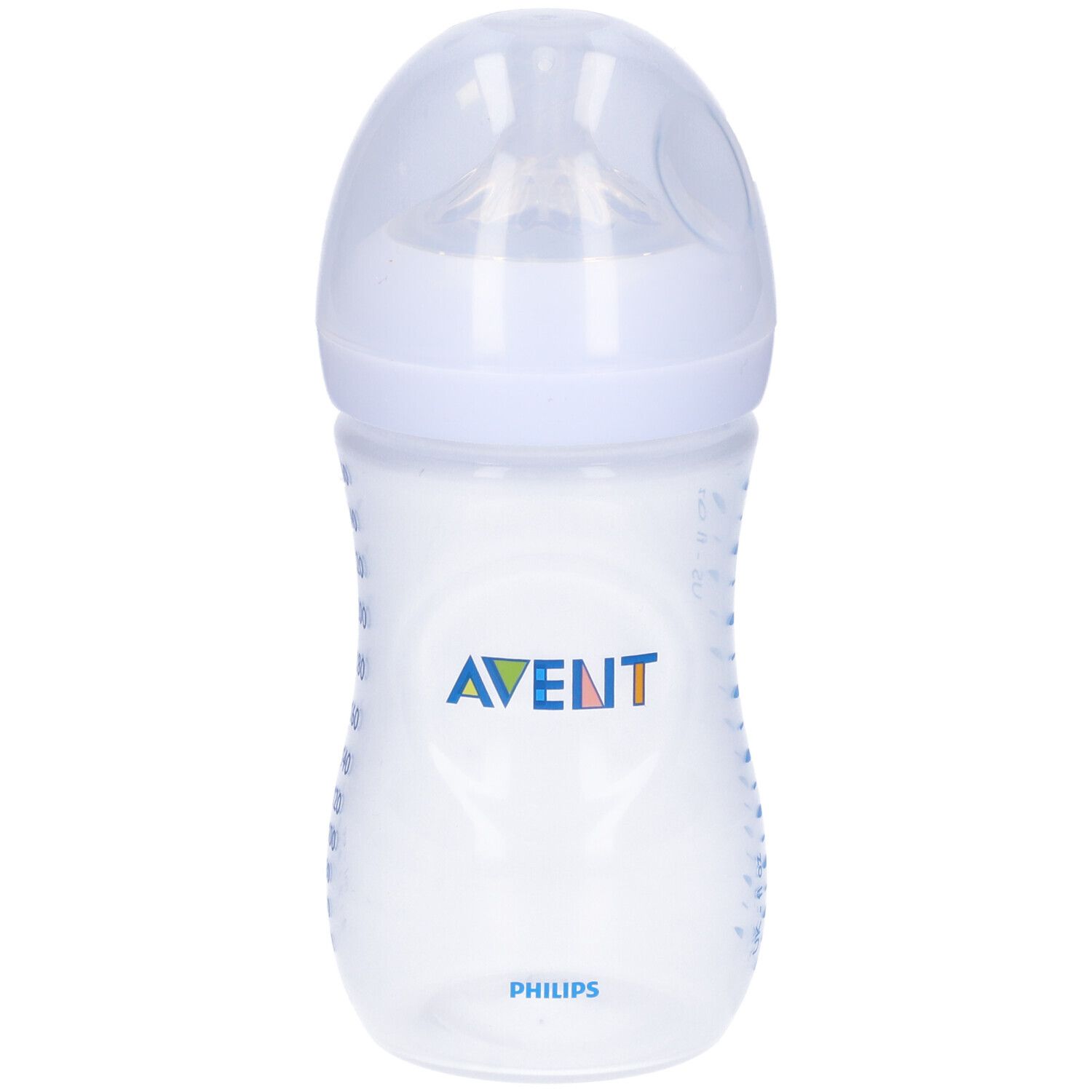 Biberon con logo Avent e scritta Philips. Con tettarella e coperchio.