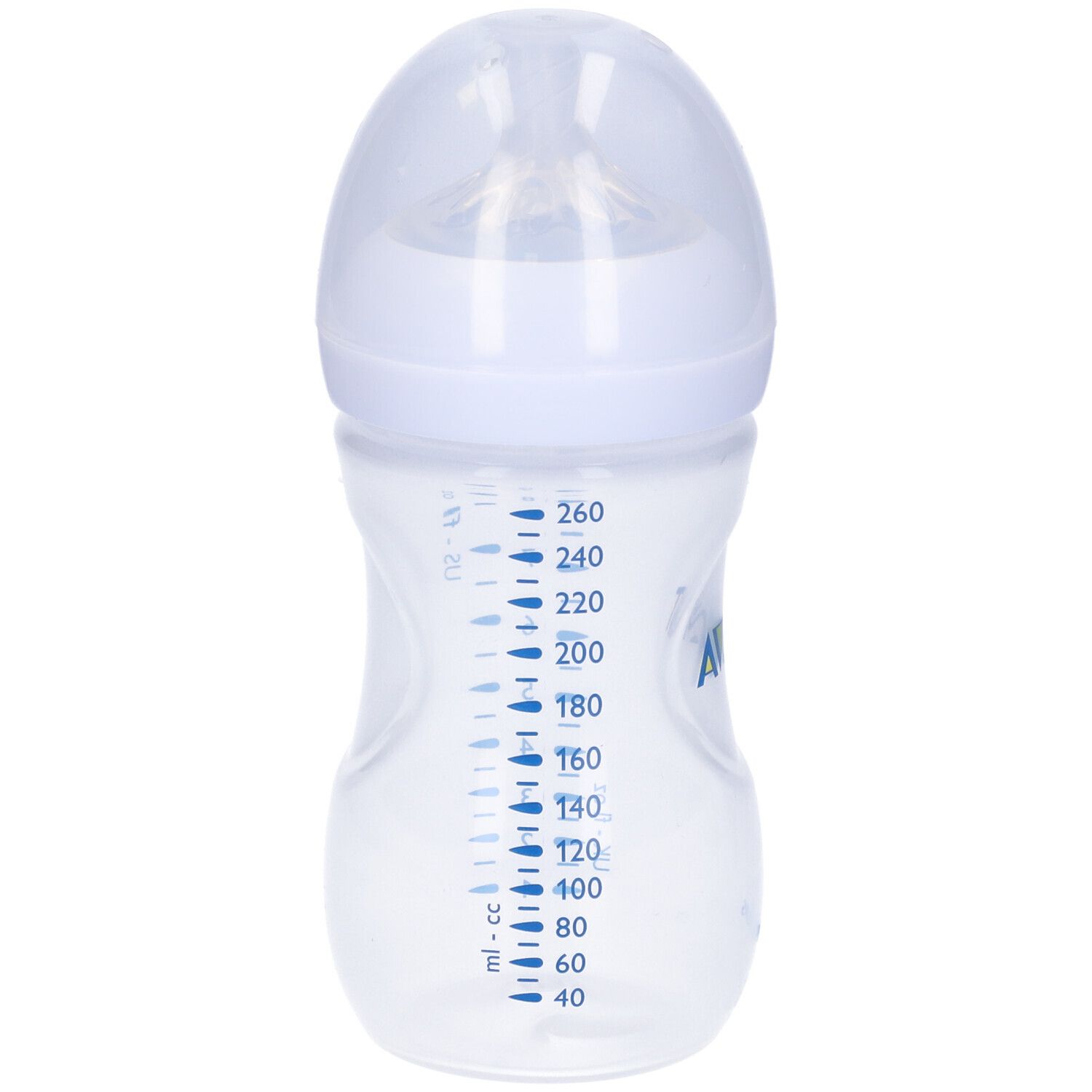 Biberon con logo Avent e scritta Philips. Con tettarella e coperchio.