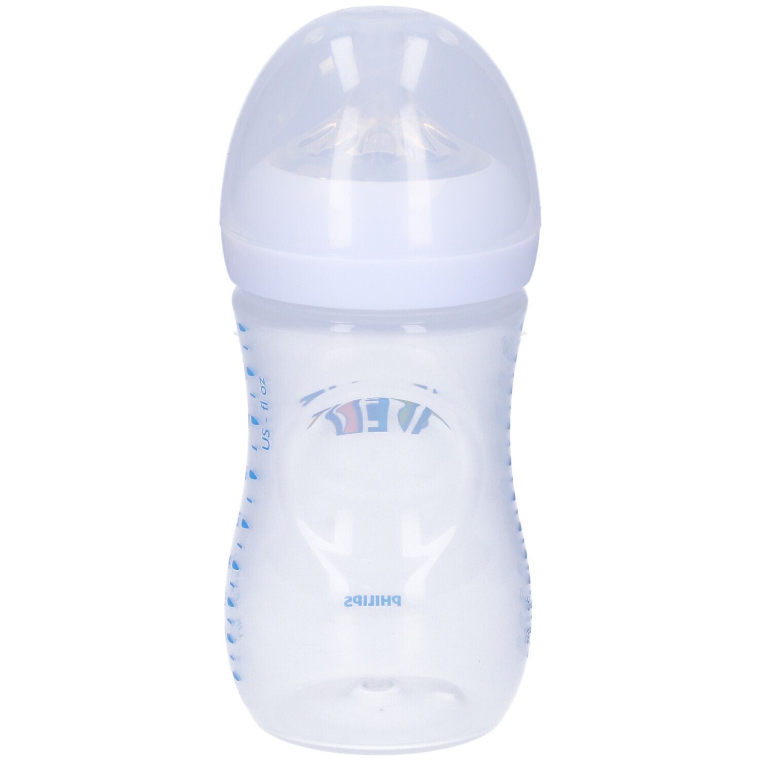 Biberon con logo Avent e scritta Philips. Con tettarella e coperchio.