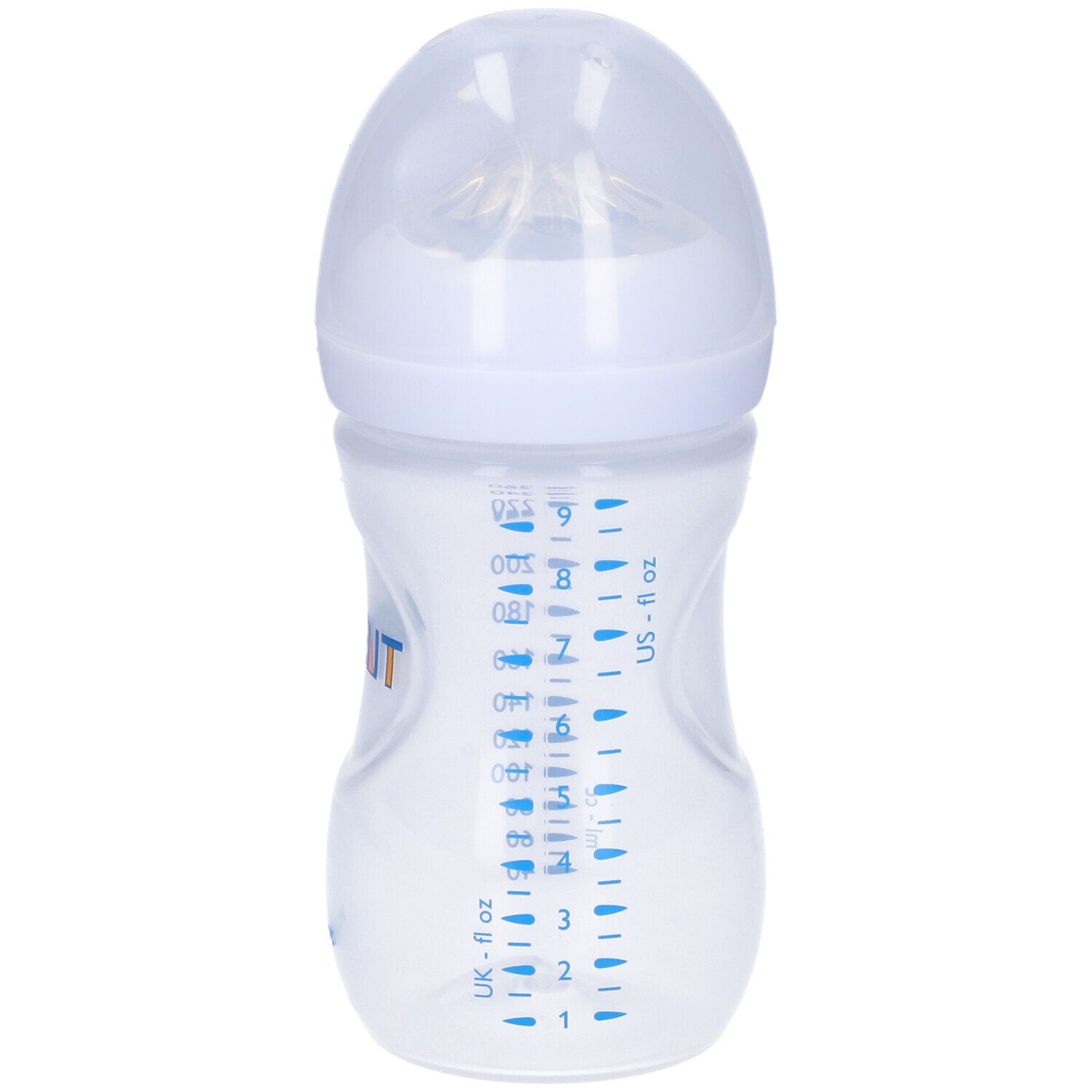 Biberon con logo Avent e scritta Philips. Con tettarella e coperchio.