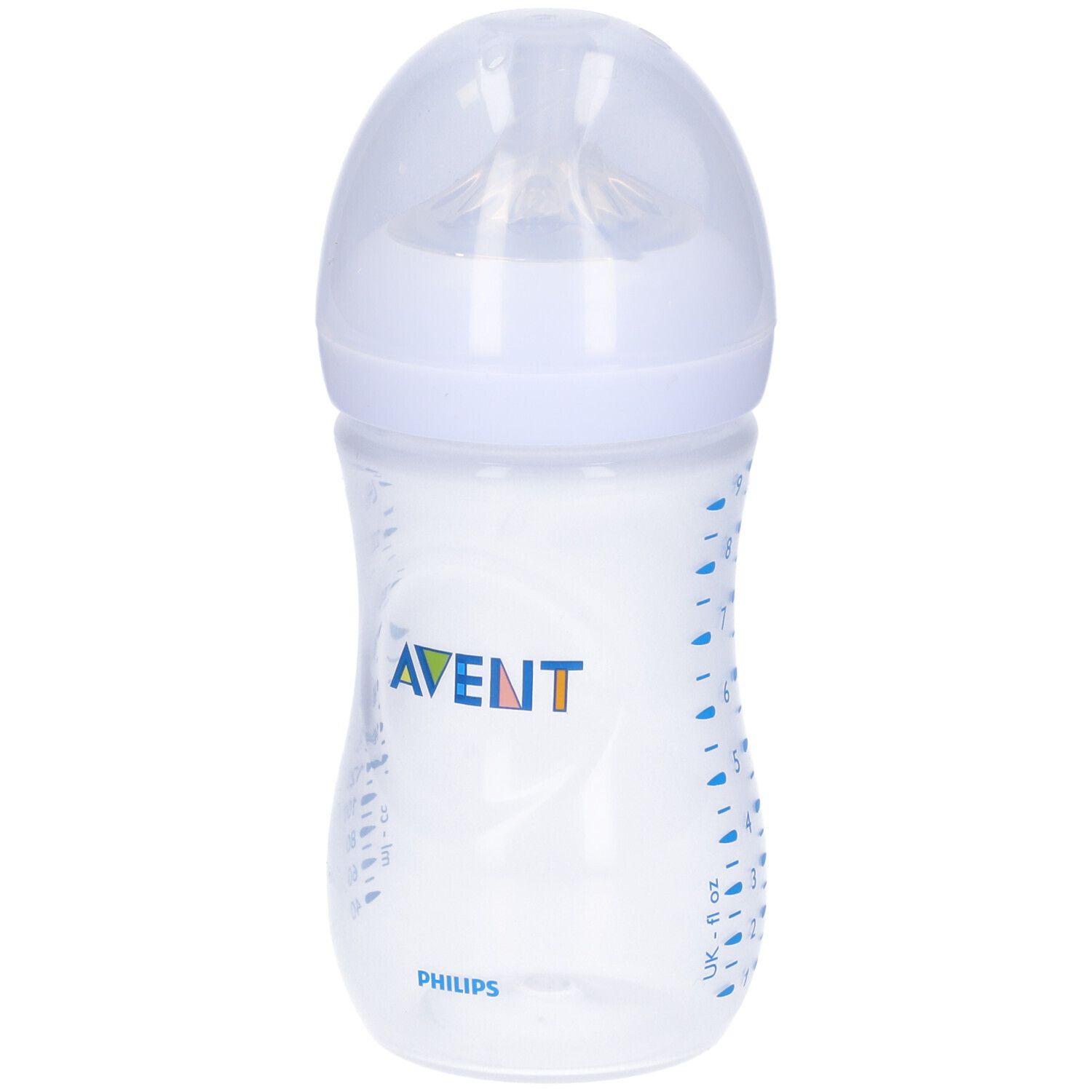 Biberon con logo Avent e scritta Philips. Con tettarella e coperchio.