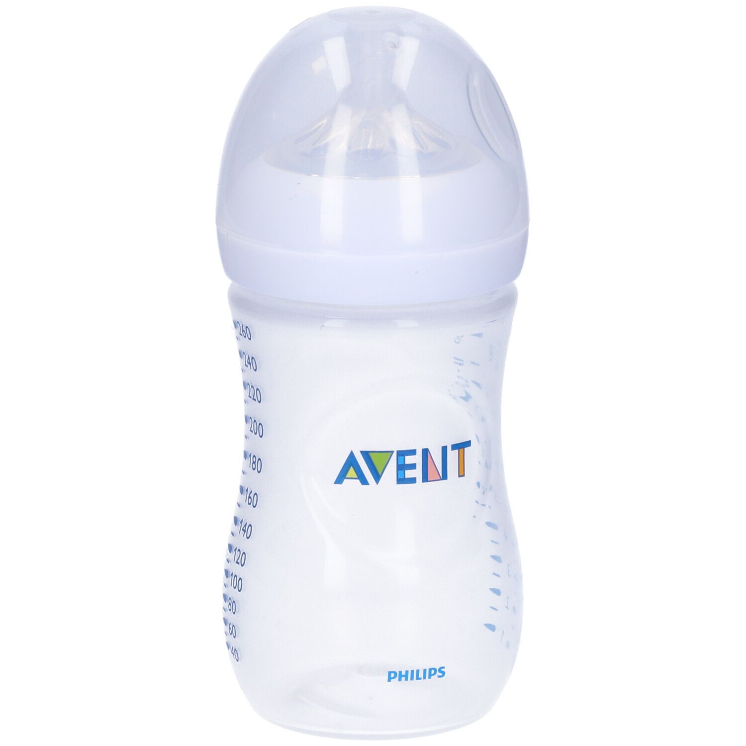 Biberon con logo Avent e scritta Philips. Con tettarella e coperchio.