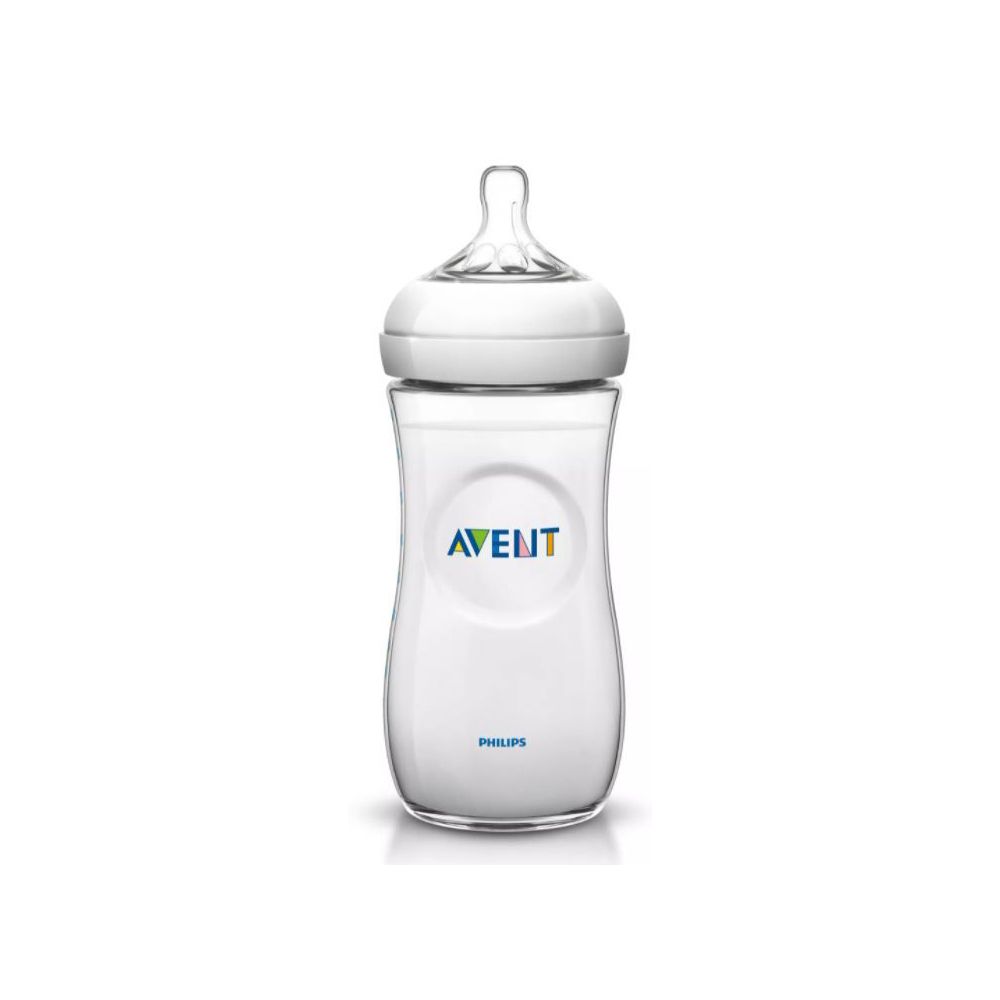 Biberon bianco con logo Avent e Philips. Tettarella visibile.