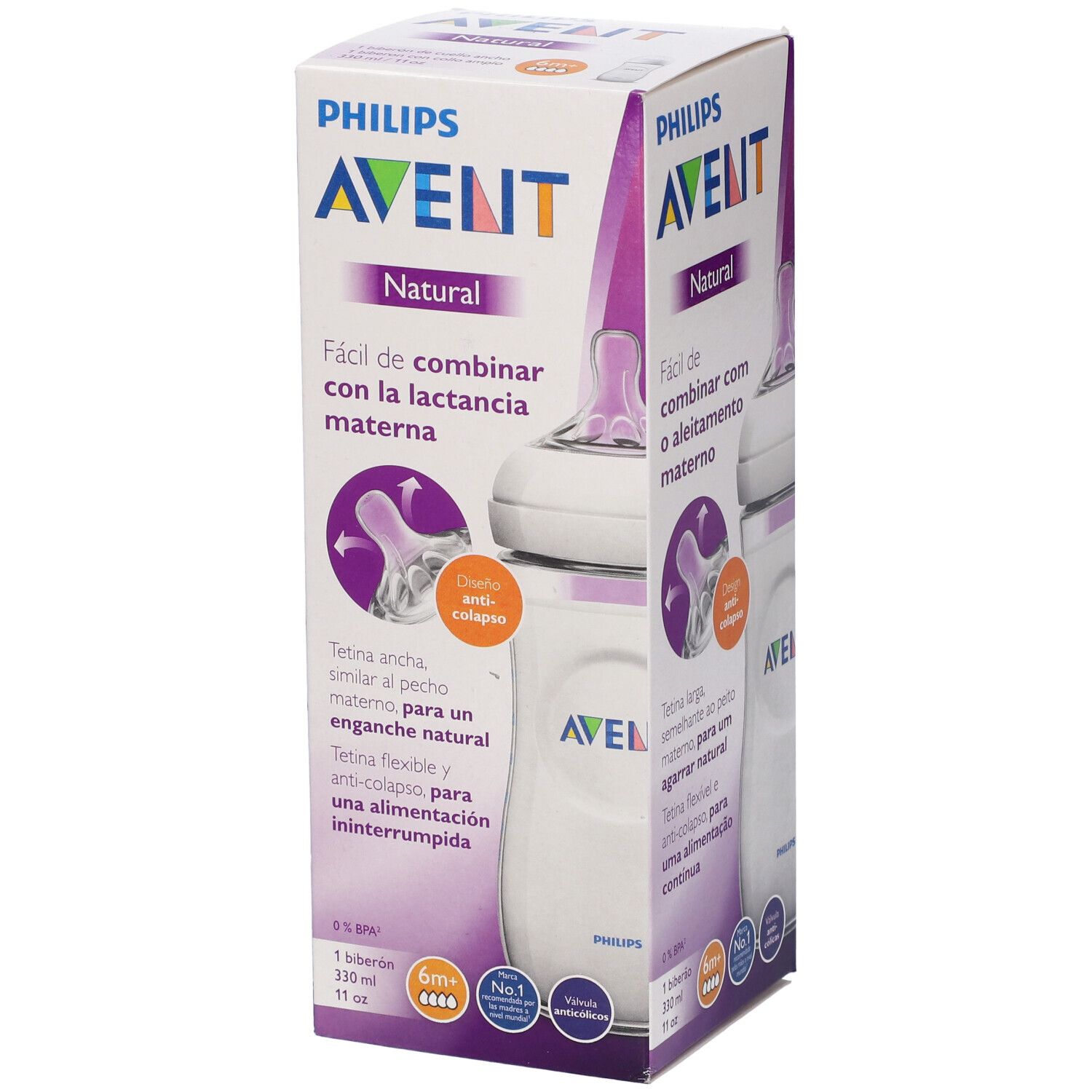 Confezione con biberon. Avent Natural, testo e illustrazioni.