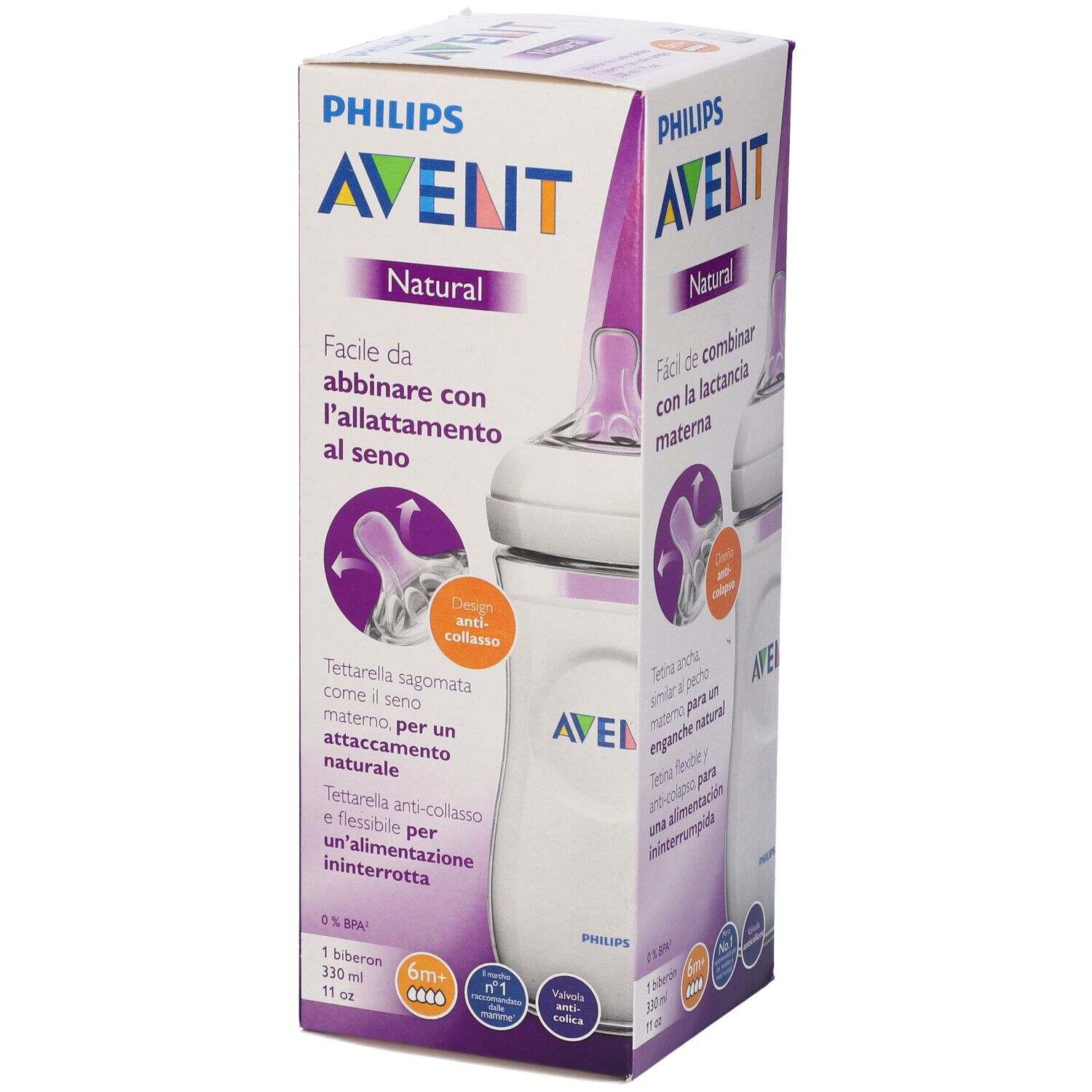 Confezione con biberon. Avent Natural, testo e illustrazioni.
