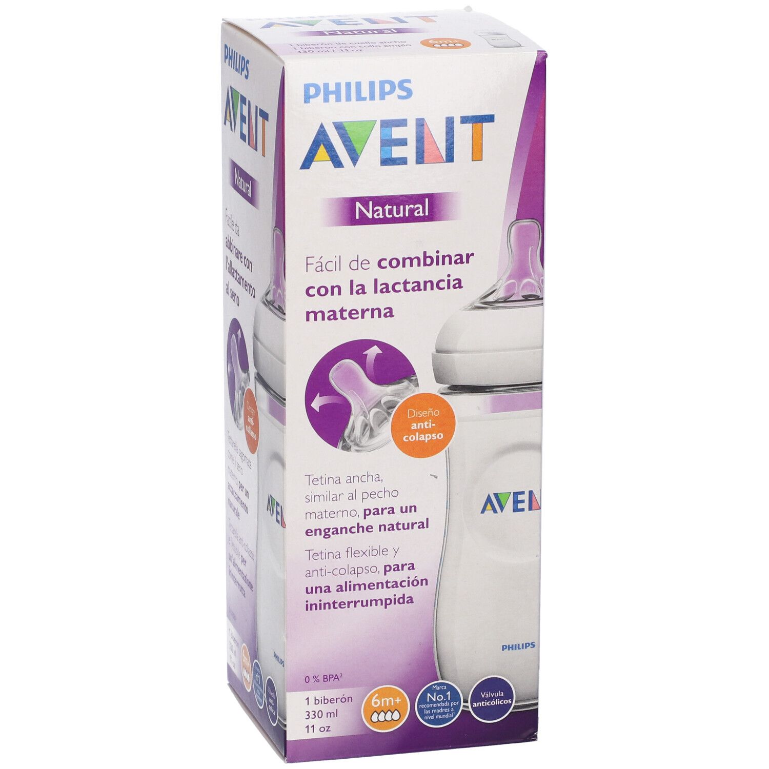 Confezione con biberon. Avent Natural, testo e illustrazioni.