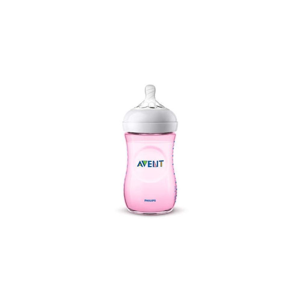 Biberon rosa con tettarella e cappuccio bianchi. Logo Avent. Logo Philips.