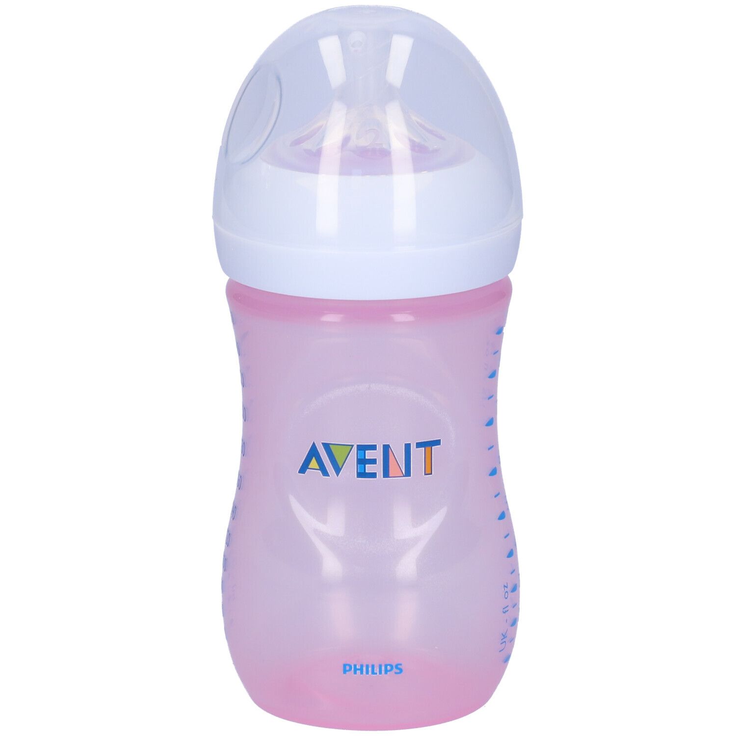 Biberon rosa con cappuccio e tettarella bianchi. Logo Avent. Scala graduata.