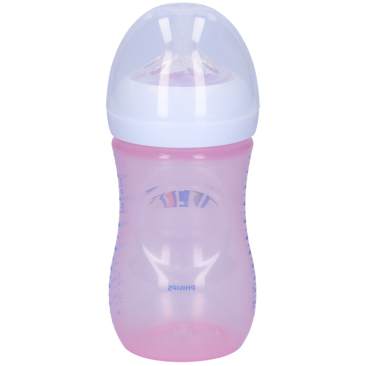 Biberon rosa con cappuccio e tettarella bianchi. Logo Avent. Scala graduata.