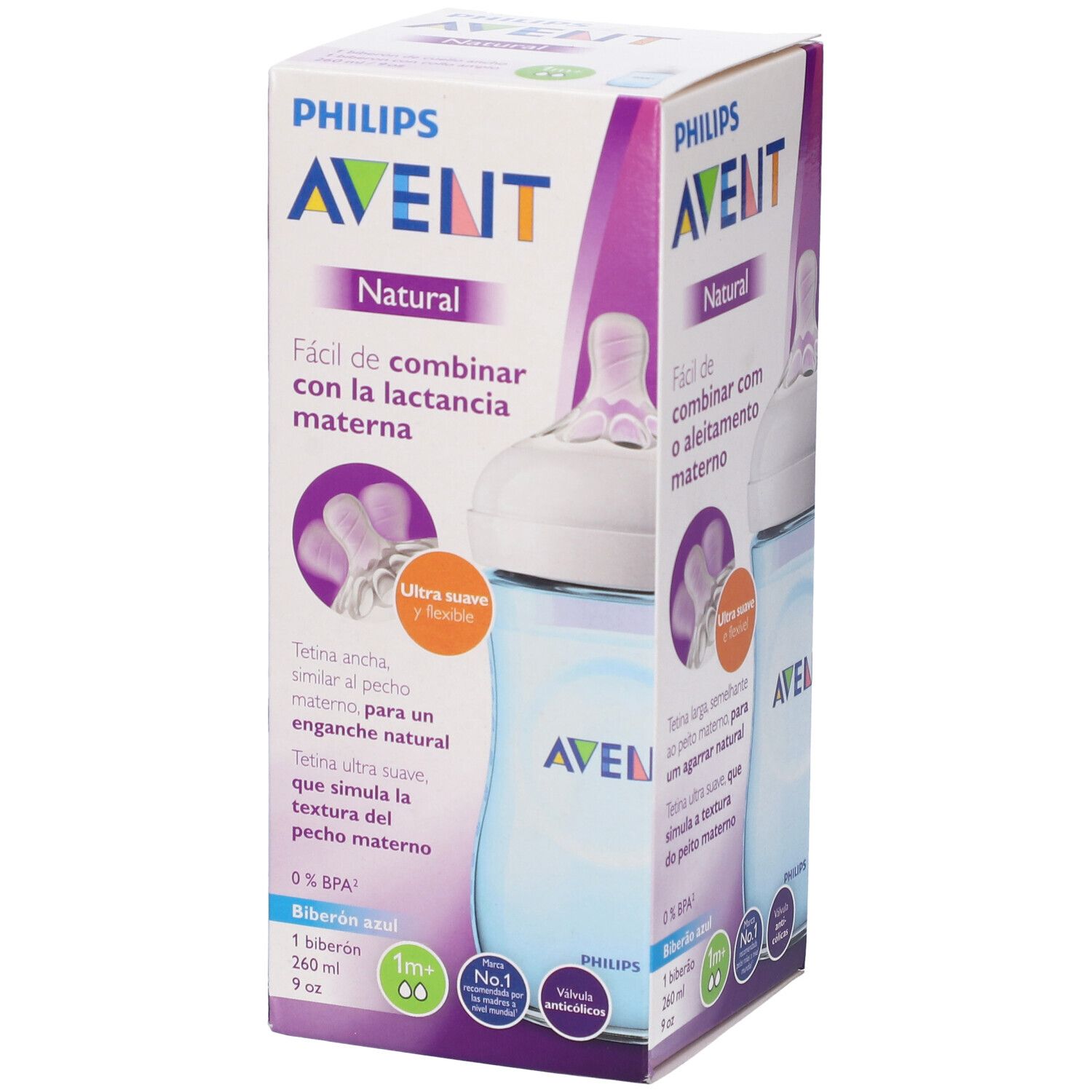 Confezione con biberon. Scritta "PHILIPS AVENT Natural". Biberon blu, tettarella bianca.