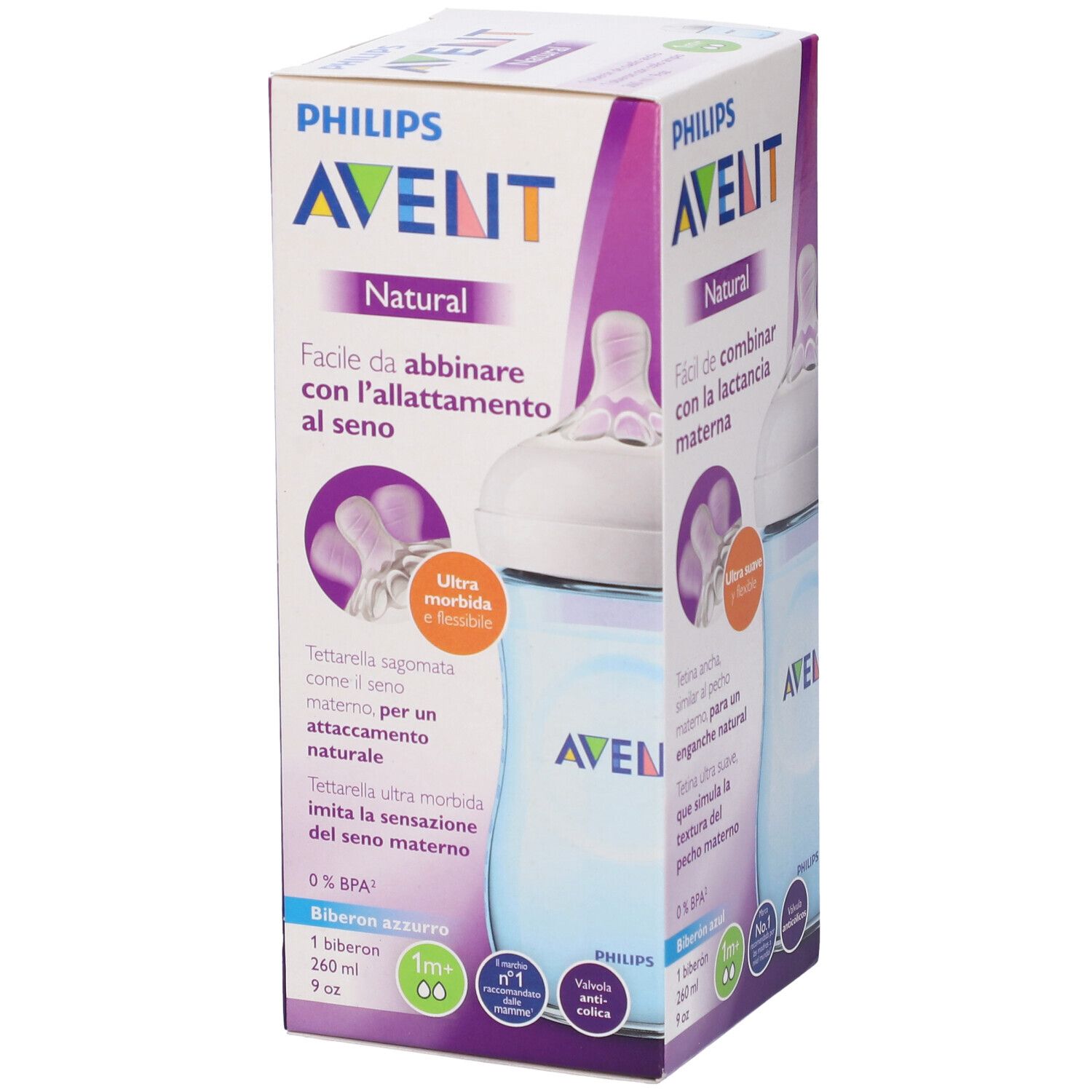 Confezione con biberon. Scritta "PHILIPS AVENT Natural". Biberon blu, tettarella bianca.