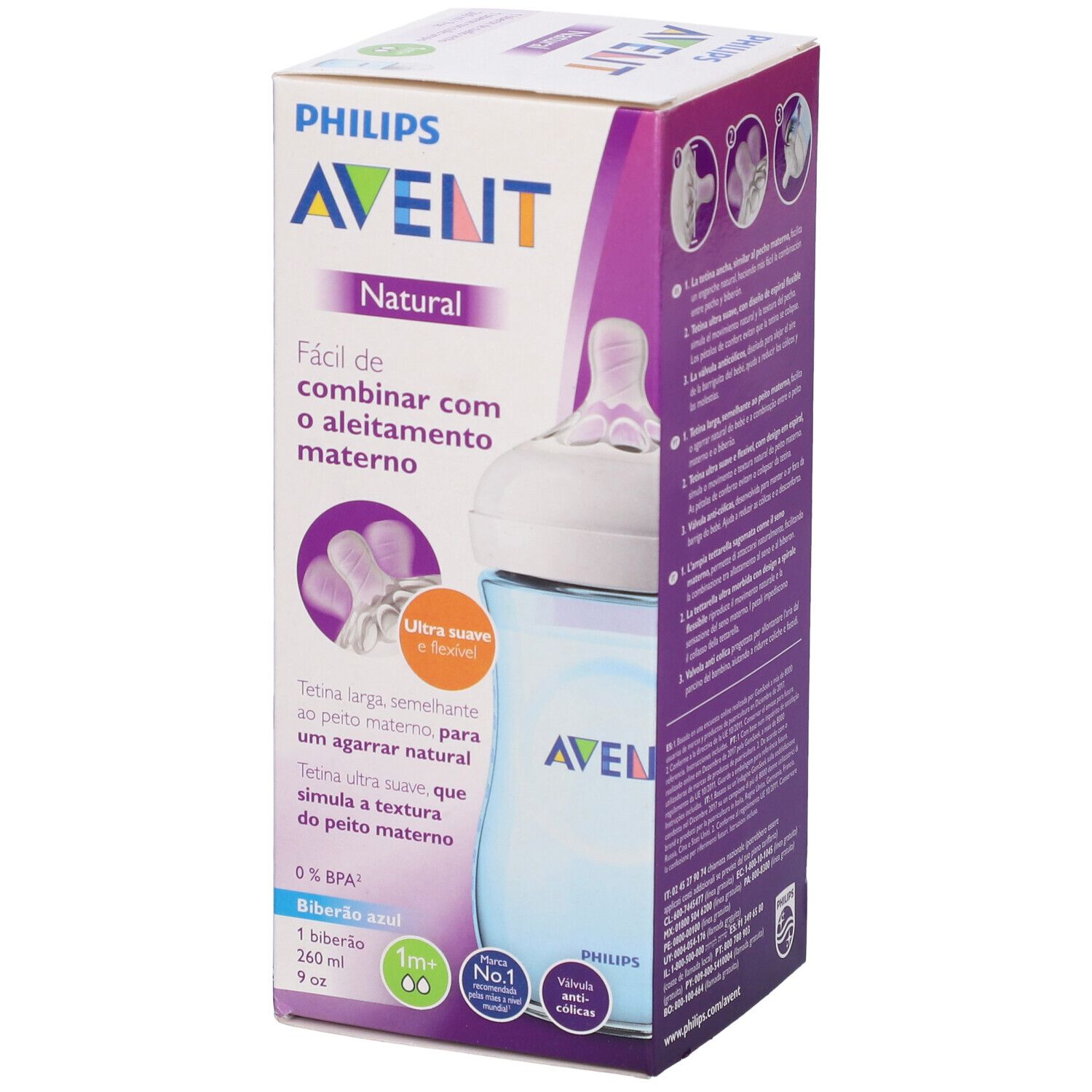 Confezione con biberon. Scritta "PHILIPS AVENT Natural". Biberon blu, tettarella bianca.