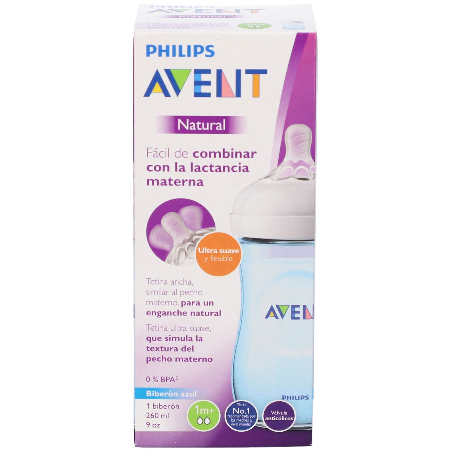Confezione con biberon. Scritta "PHILIPS AVENT Natural". Biberon blu, tettarella bianca.