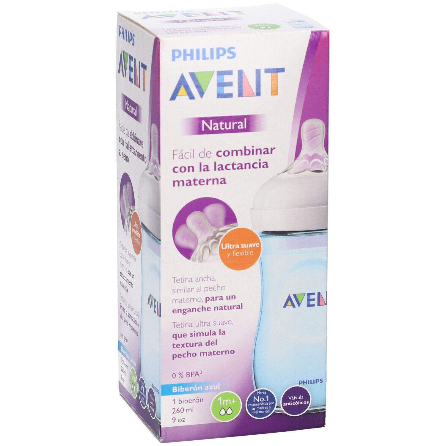 Confezione con biberon. Scritta "PHILIPS AVENT Natural". Biberon blu, tettarella bianca.