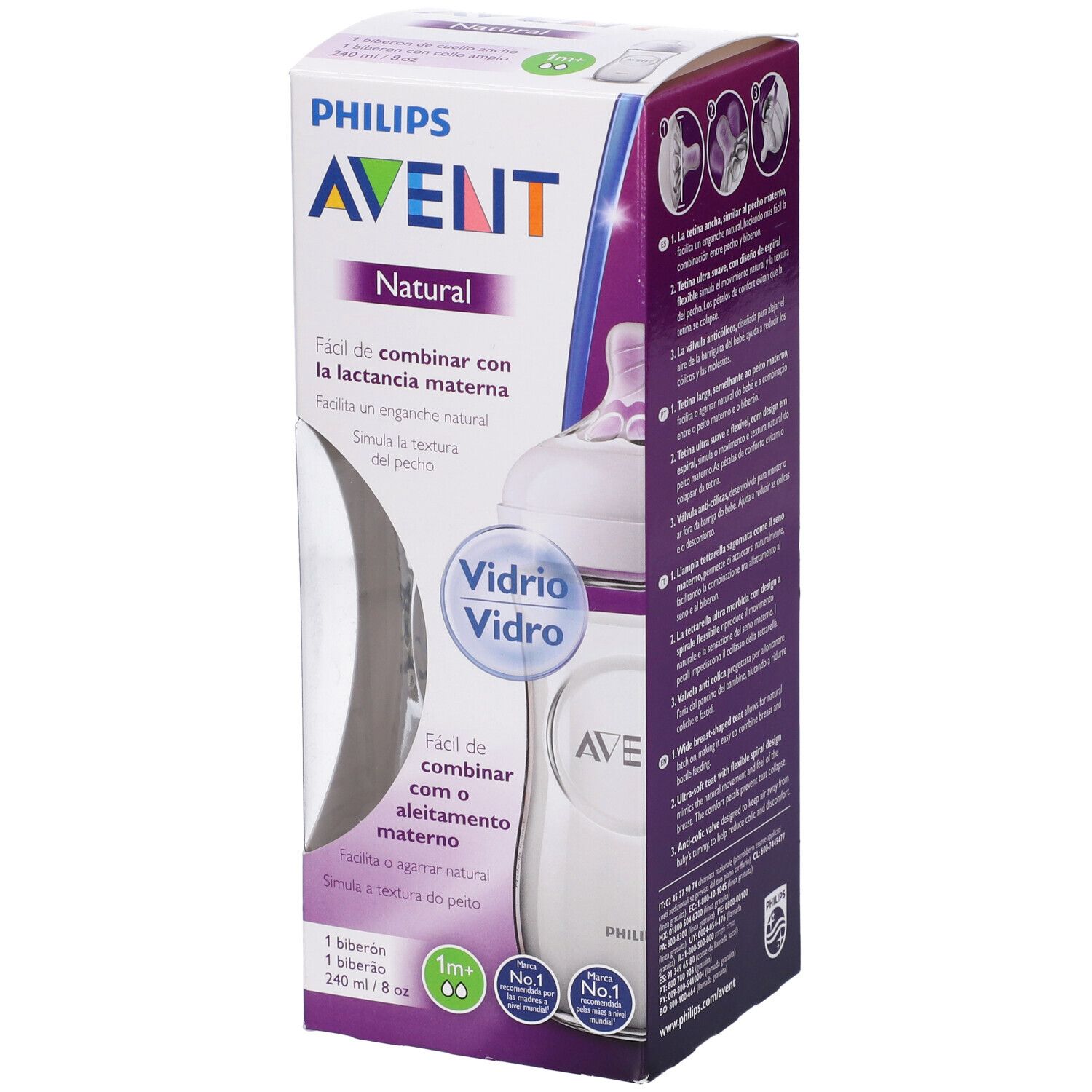 Confezione con biberon AVENT. Testo: 'Natural'. Biberon con tettarella. Testo 'Vetro' e 'Vidrio'.