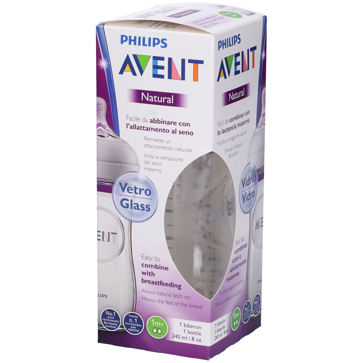 Confezione con biberon AVENT. Testo: 'Natural'. Biberon con tettarella. Testo 'Vetro' e 'Glass'.