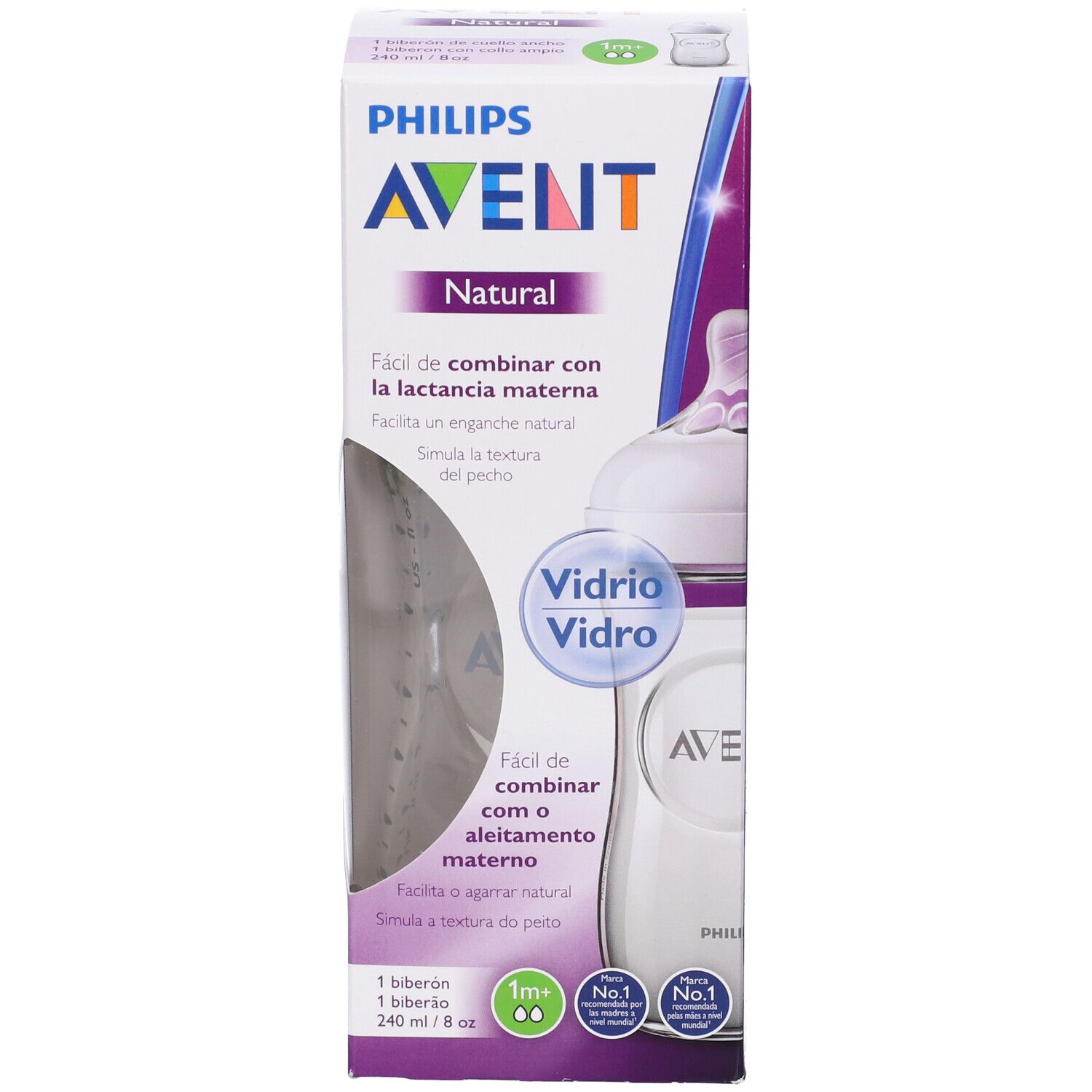 Confezione con biberon AVENT. Testo: 'Natural'. Biberon con tettarella. Testo 'Vetro' e 'Vidrio'.