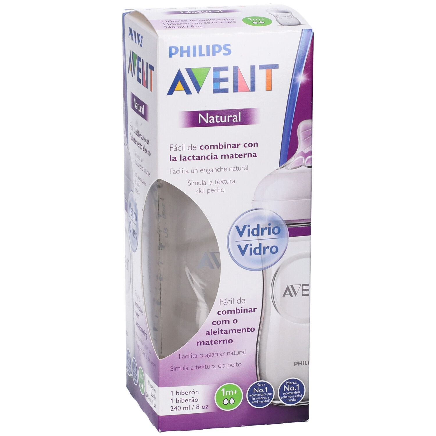 Confezione con biberon AVENT. Testo: 'Natural'. Biberon con tettarella. Testo 'Vetro' e 'Vidrio'.