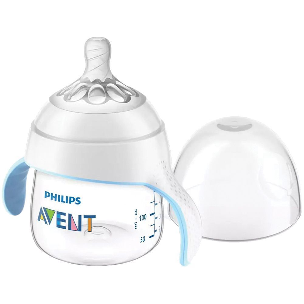 Bicchiere per bambini bianco con manici e coperchio. Marchio "PHILIPS AVENT" visibile. Scala fino a 100 ml.