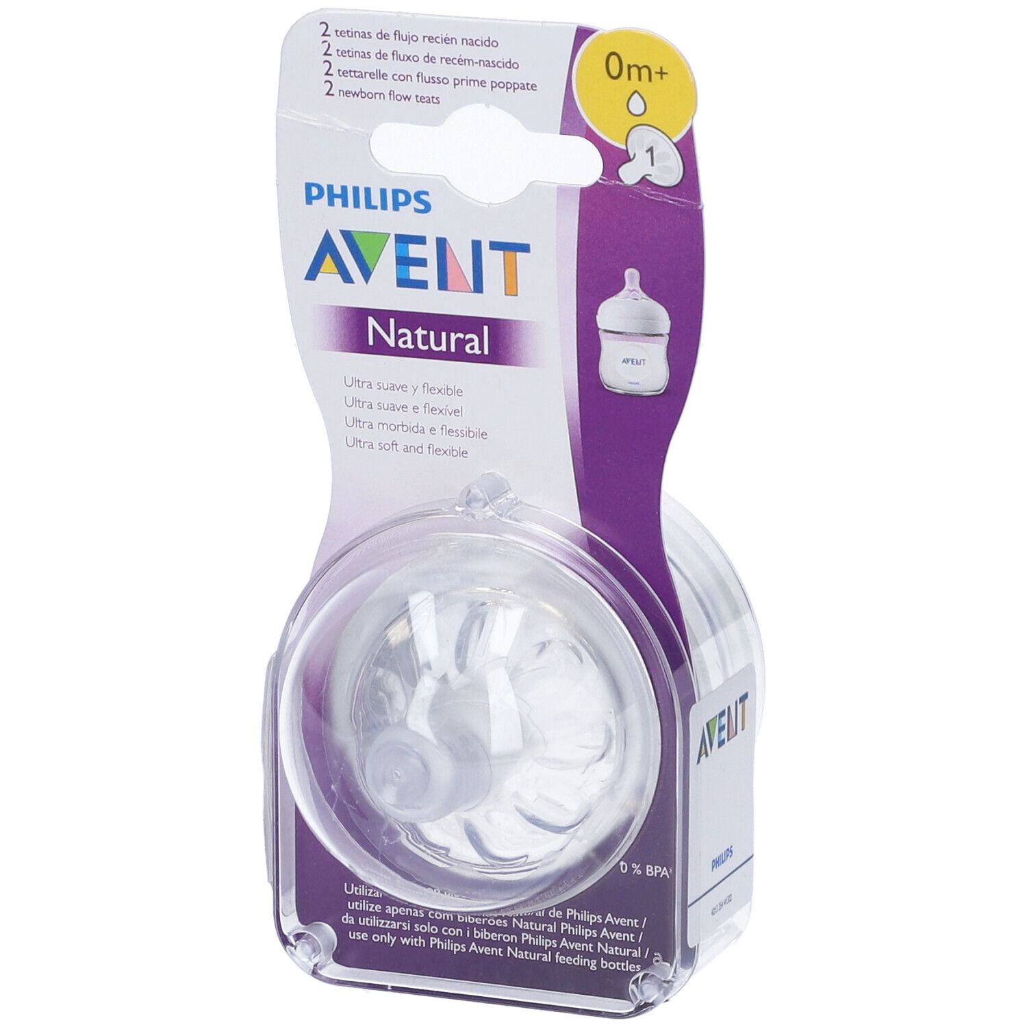 Confezione con due tettarelle. Marchio Philips Avent Natural. Età 0m+. Tettarelle trasparenti in confezione di plastica.