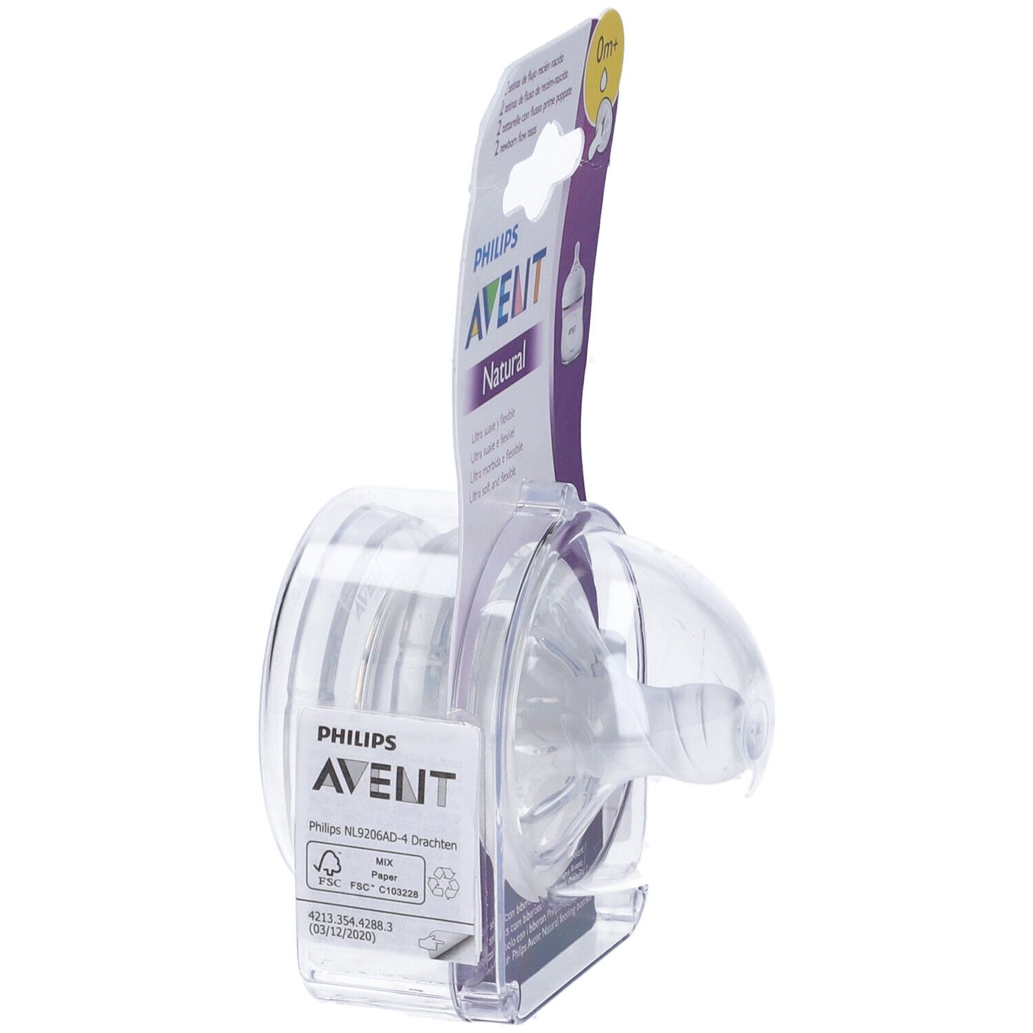 Vista laterale della confezione con due tettarelle. Marchio Philips Avent Natural. Età 0m+. Tettarelle trasparenti.