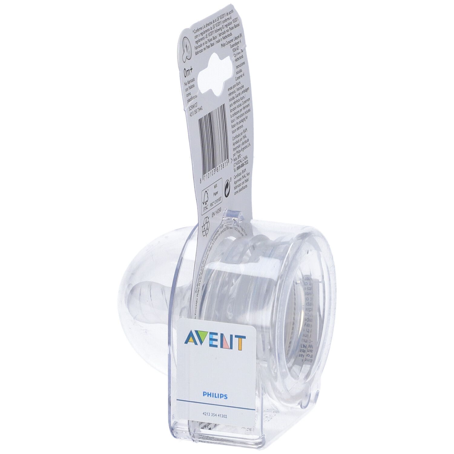 Vista laterale della confezione con due tettarelle. Marchio Philips Avent. Età 0m+. Tettarelle trasparenti.