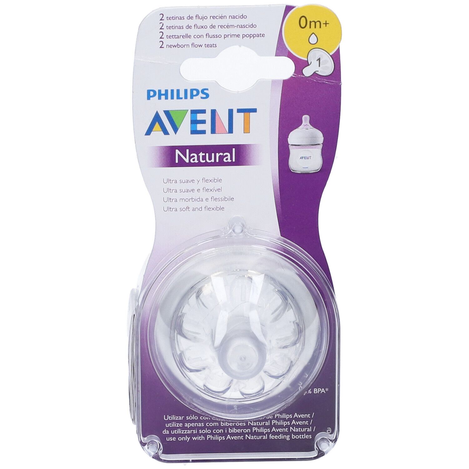 Confezione con due tettarelle. Marchio Philips Avent Natural. Età 0m+. Tettarelle trasparenti in confezione di plastica.