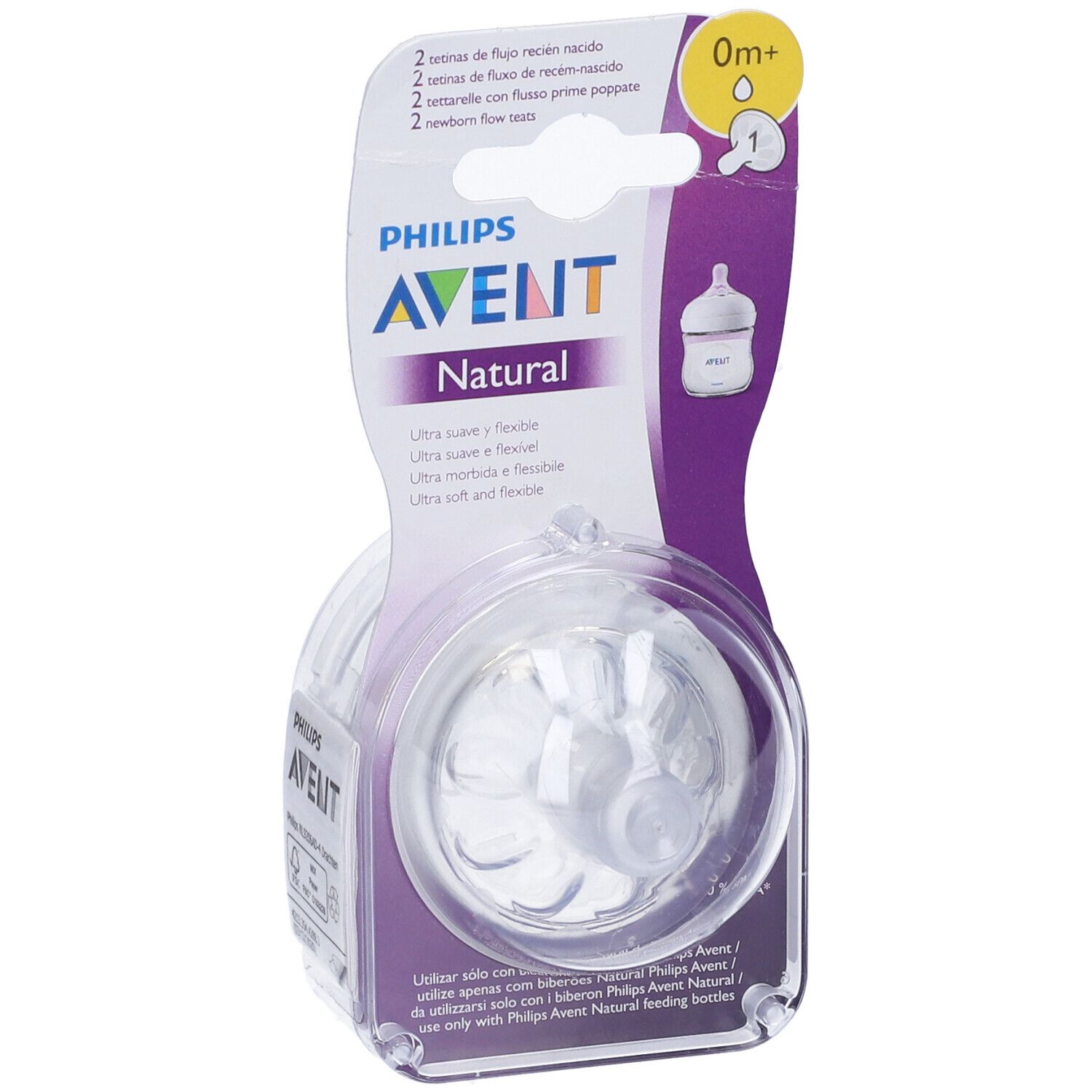 Confezione con due tettarelle. Marchio Philips Avent Natural. Età 0m+. Tettarelle trasparenti in confezione di plastica.
