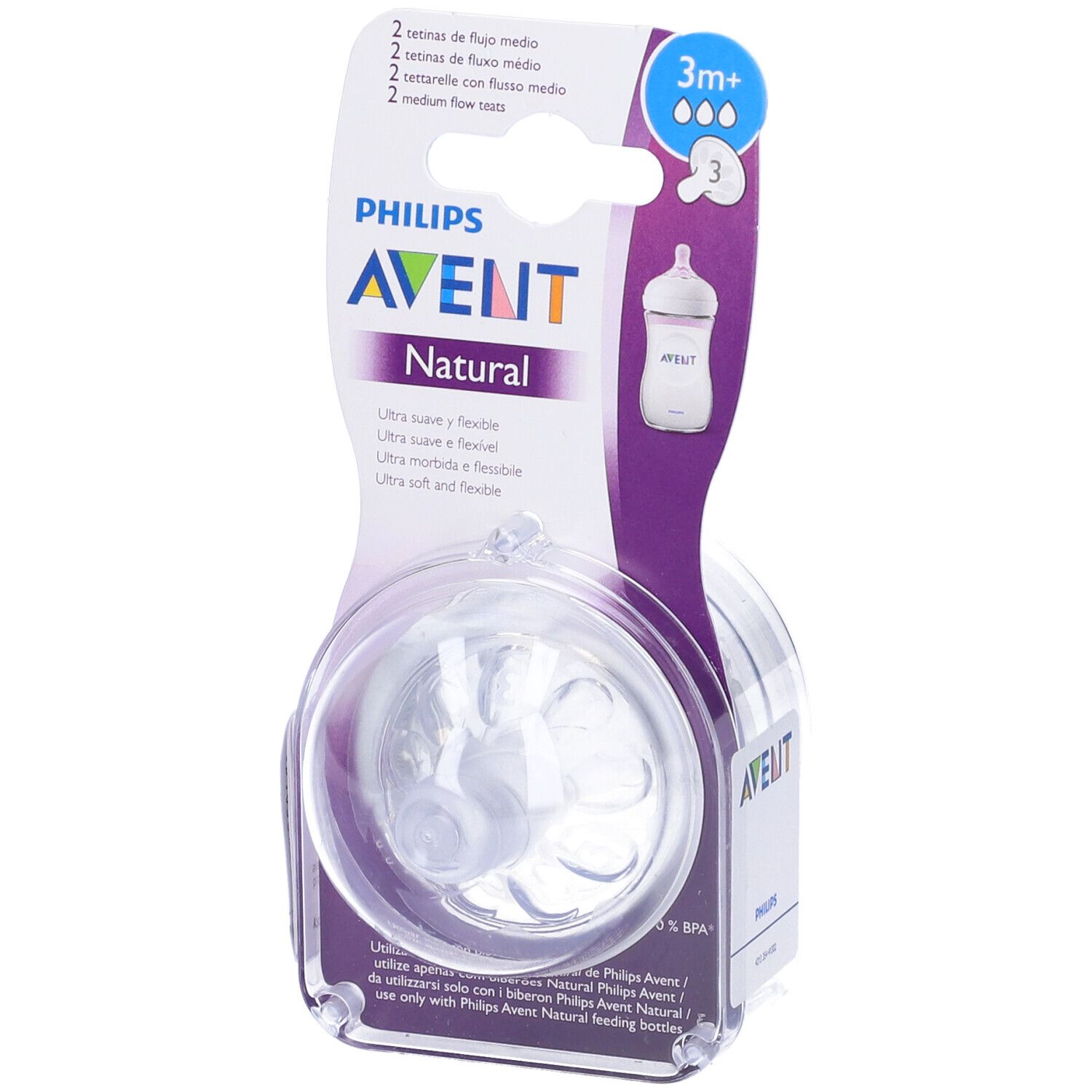 Confezione con due tettarelle Philips Avent Natural. Per bambini dai 3 mesi. Flusso medio.