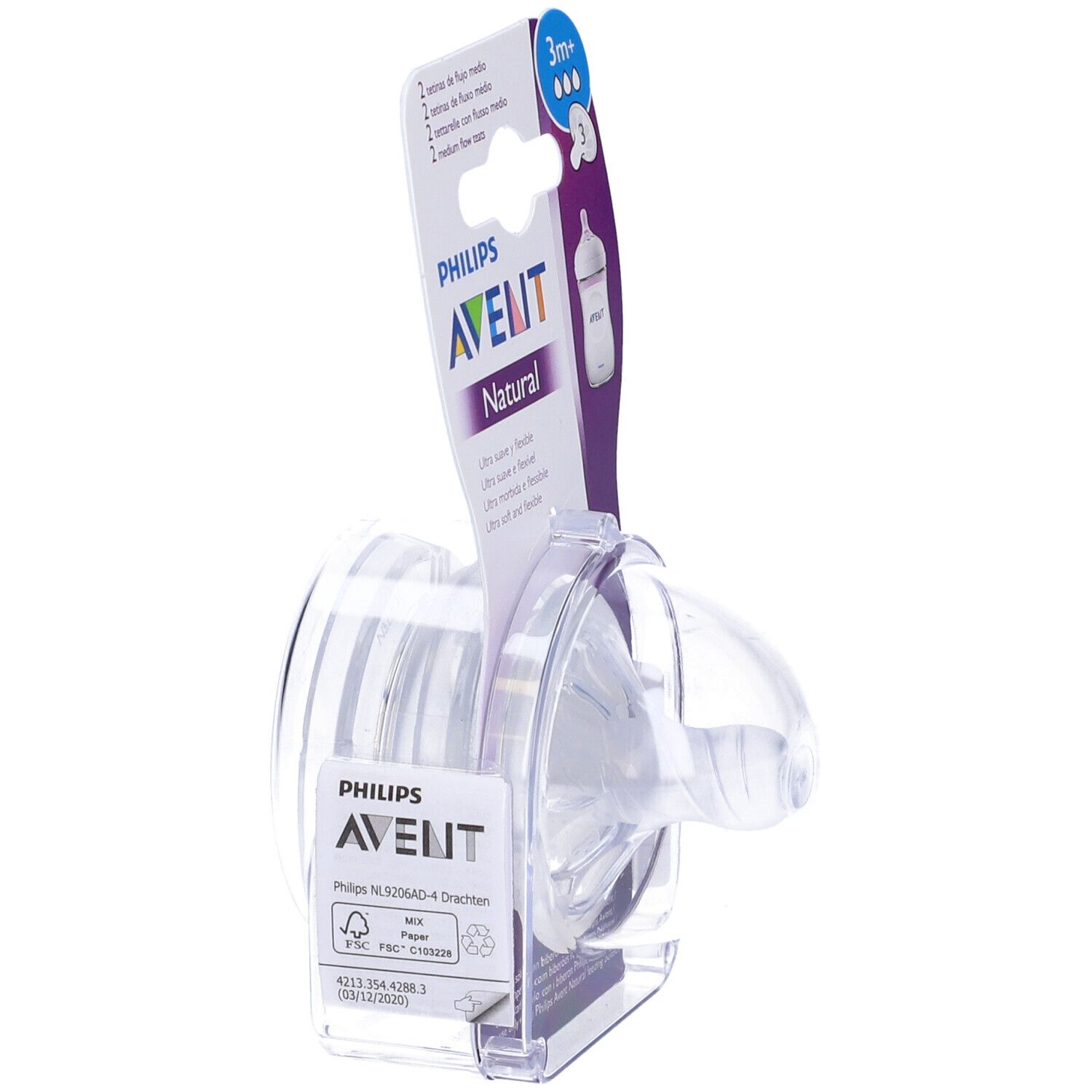 Confezione con due tettarelle Philips Avent Natural. Per bambini dai 3 mesi. Flusso medio.