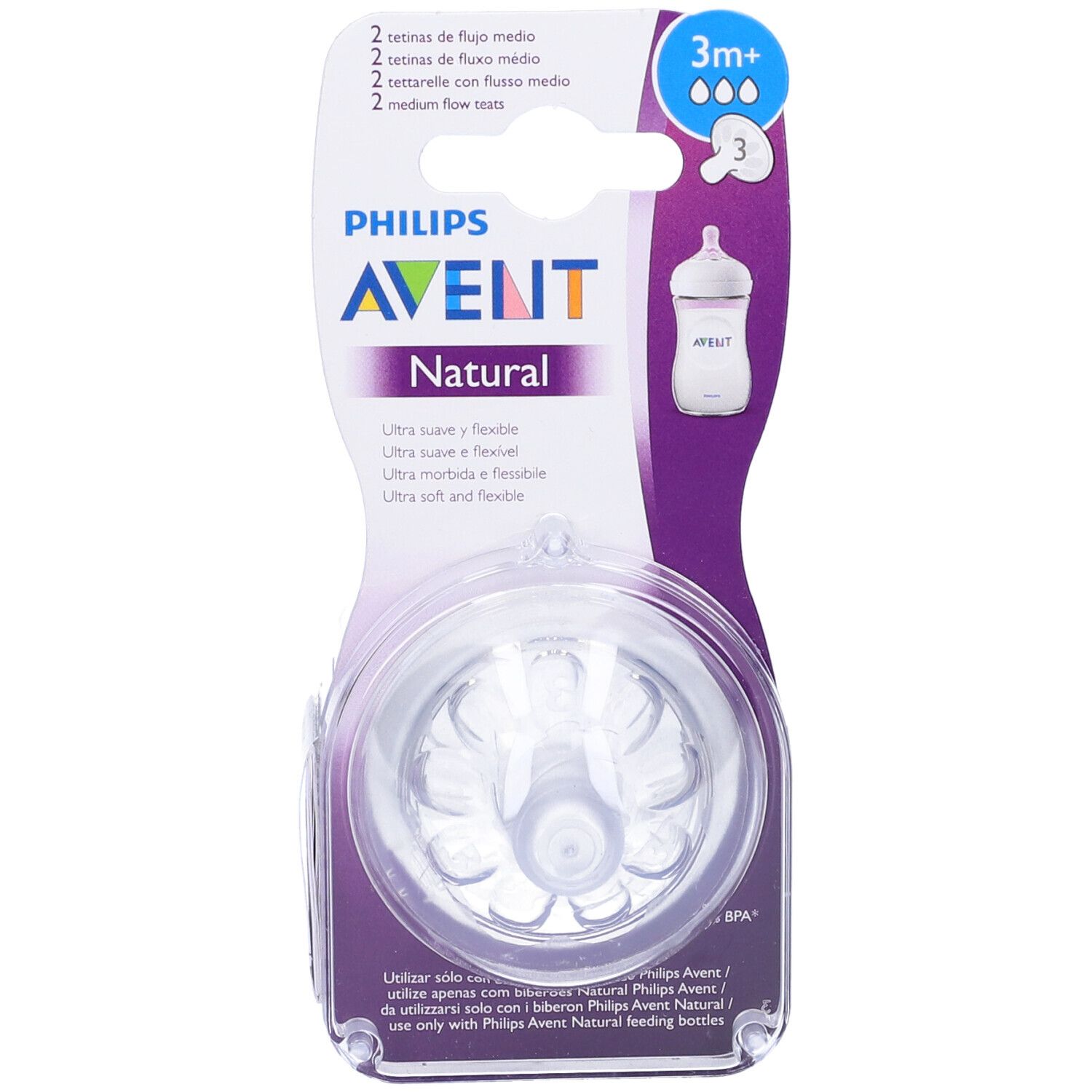 Confezione con due tettarelle Philips Avent Natural. Per bambini dai 3 mesi. Flusso medio.