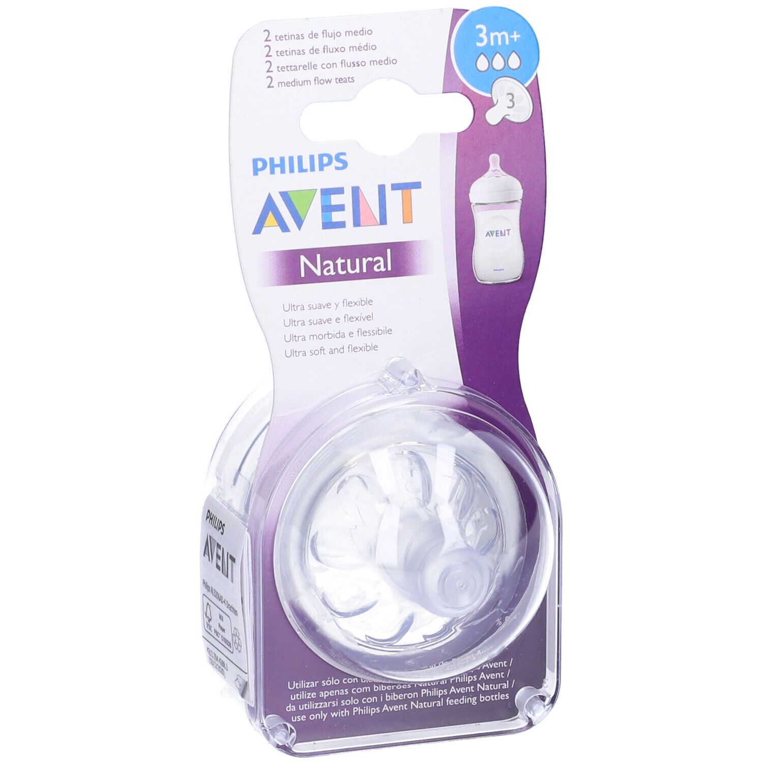 Confezione con due tettarelle Philips Avent Natural. Per bambini dai 3 mesi. Flusso medio.