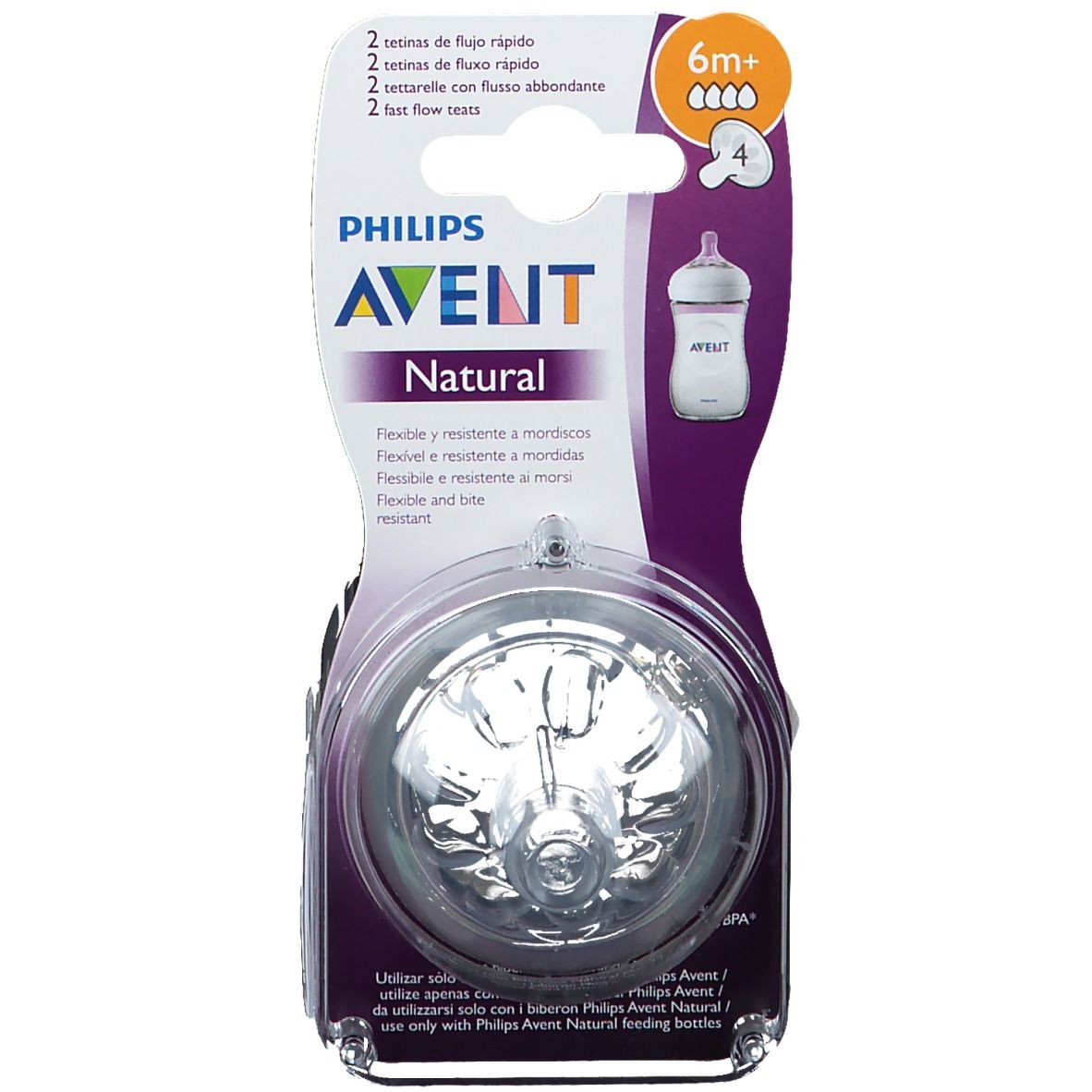 Tettarella Philips Avent Natural. Due tettarelle nella confezione. 6m+. Forma flessibile e resistente.
