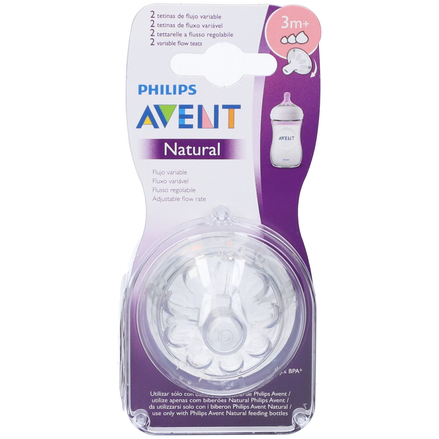 Confezione con due tettarelle. Sulla confezione è scritto Philips Avent Natural. Il prodotto è adatto ai bambini dai 3 mesi in su.