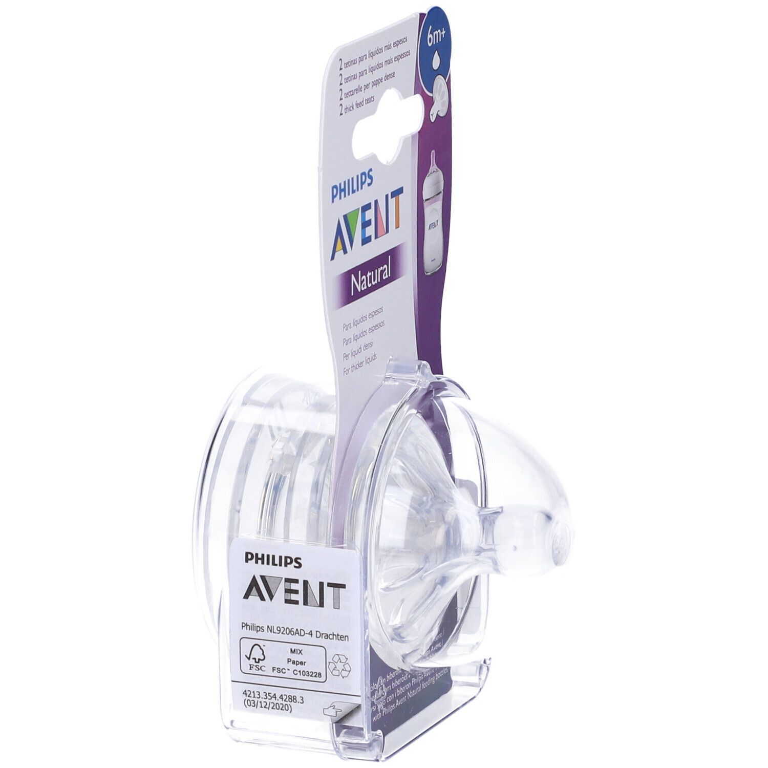 Tettarella Philips Avent Natural Response nella confezione. Consigliato per 6m+. Forma chiara e rotonda.