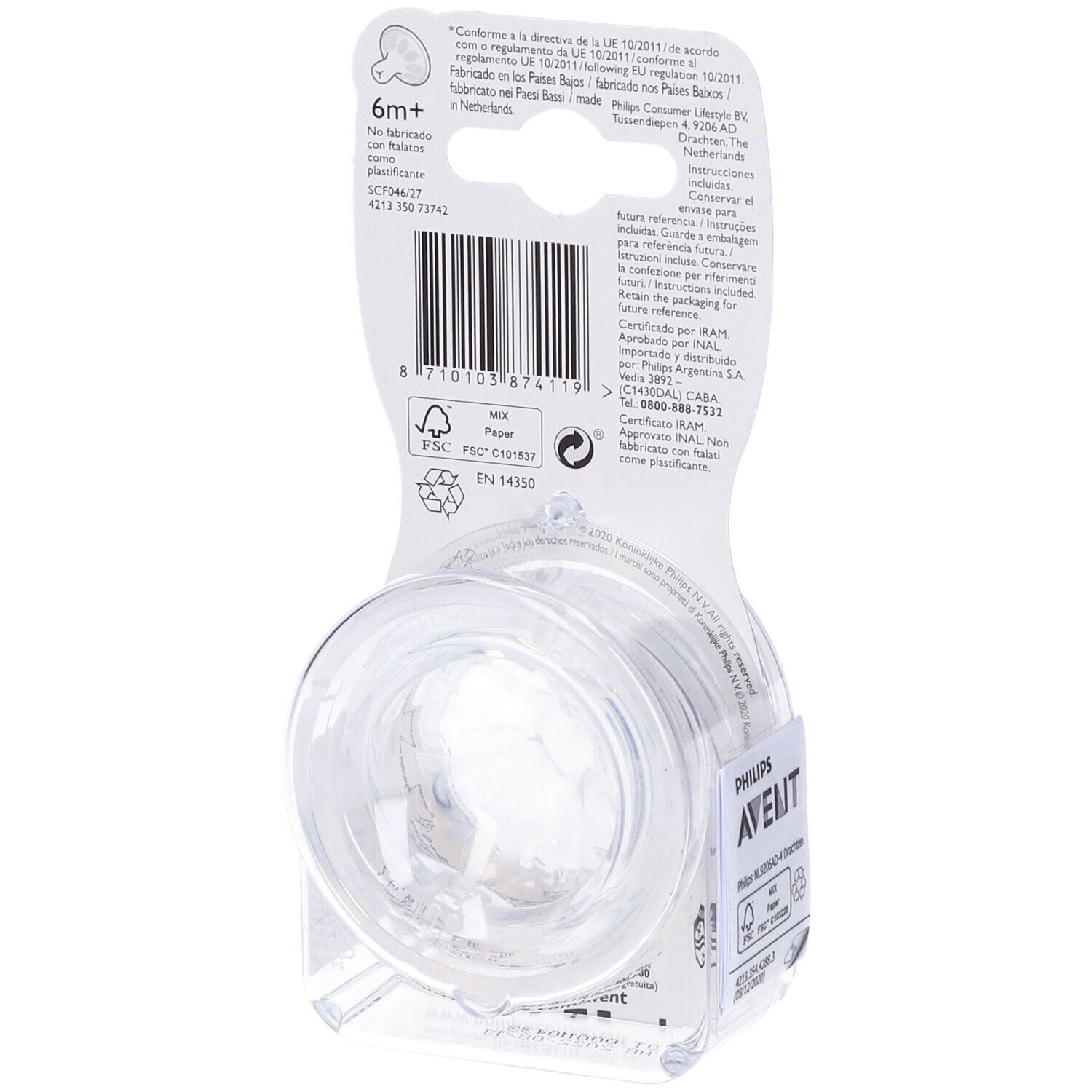 Retro della confezione delle tettarelle Philips Avent Natural Response. Consigliato per 6m+. Informazioni e certificazioni.