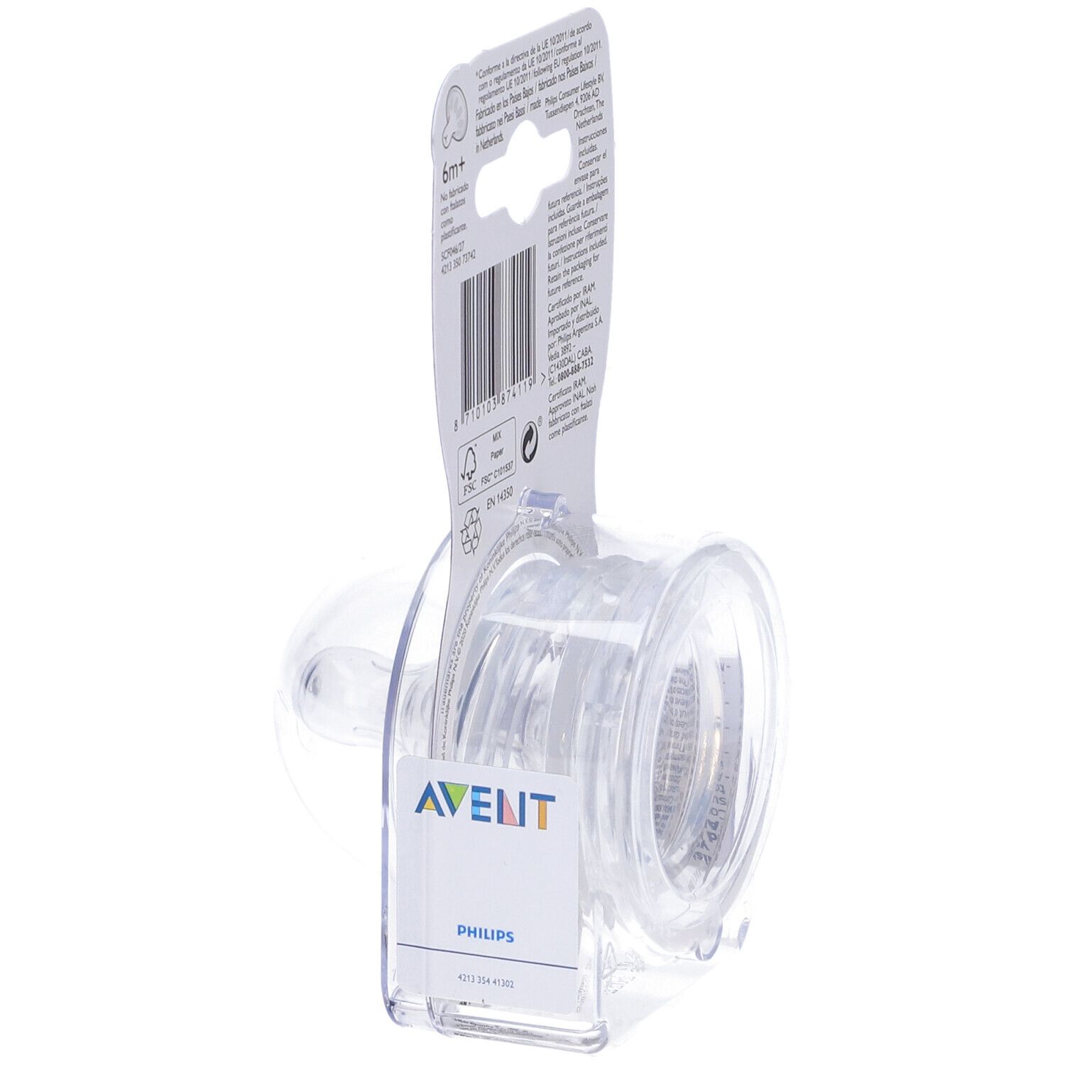 Tettarella Philips Avent Natural Response nella confezione. Consigliato per 6m+. Forma chiara e rotonda.