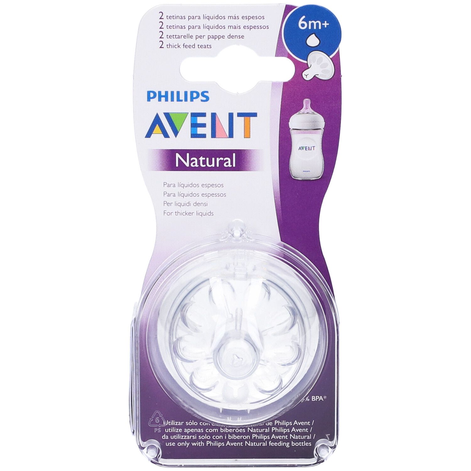 Confezione di due tettarelle Philips Avent Natural Response. Consigliato per 6m+. Forma chiara e rotonda.