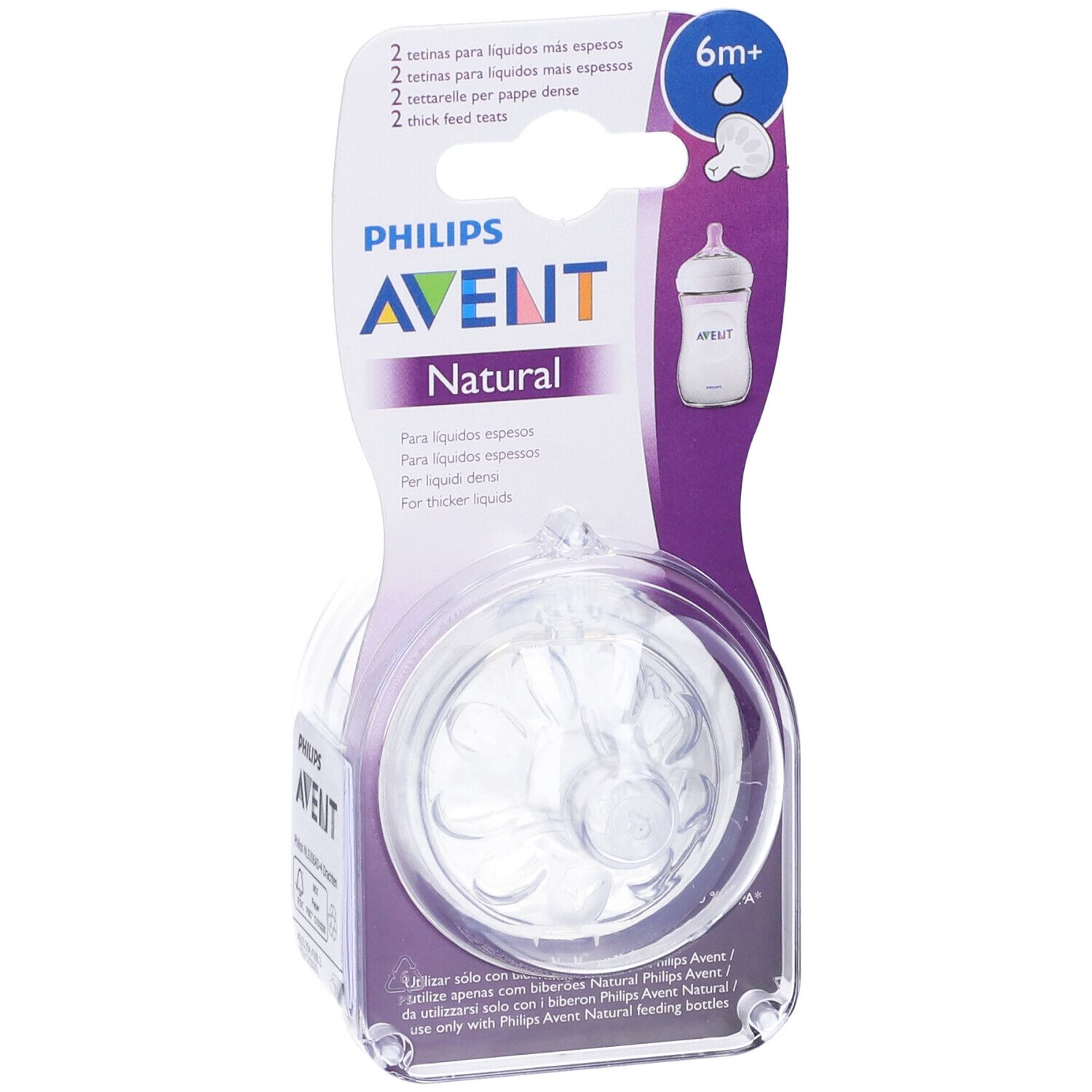Confezione di due tettarelle Philips Avent Natural Response. Consigliato per 6m+. Forma chiara e rotonda.