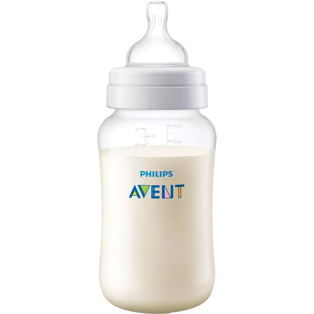 Biberon riempito di latte. Scritta Philips Avent.