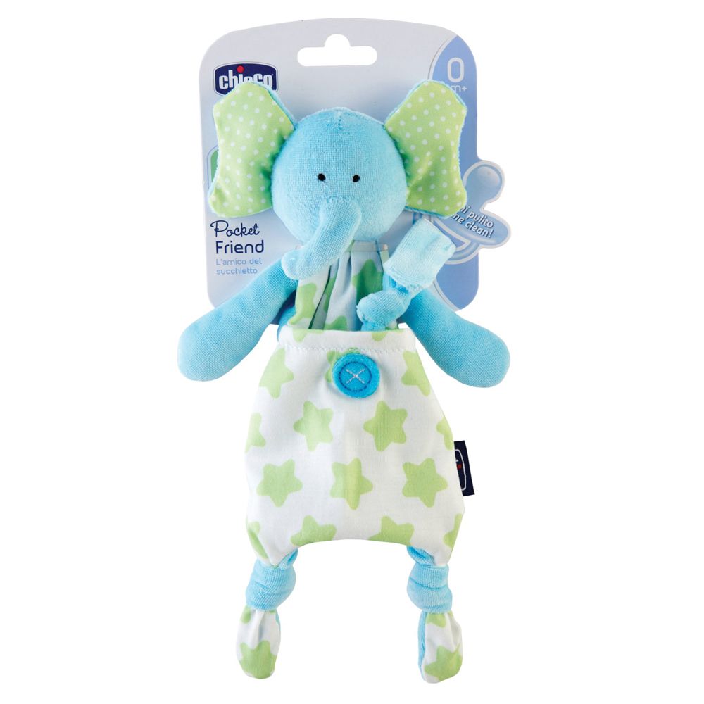 Elefante blu con orecchie verdi e motivo a stelle. Con porta-ciuccio. Su blister.