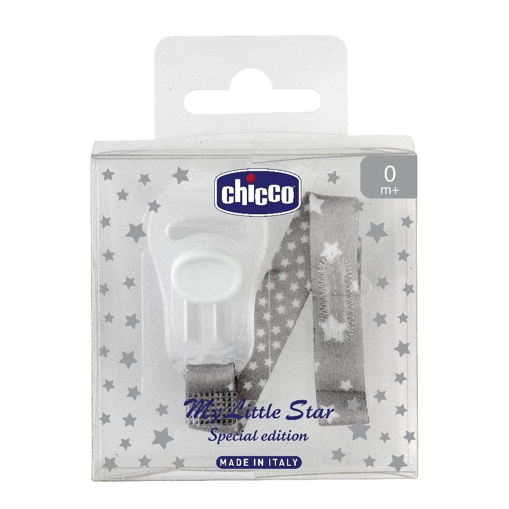 Clip Chicco per succhietto con motivo stelle, confezione trasparente. Con nastro, supporto e stelle. Età: 0m+.