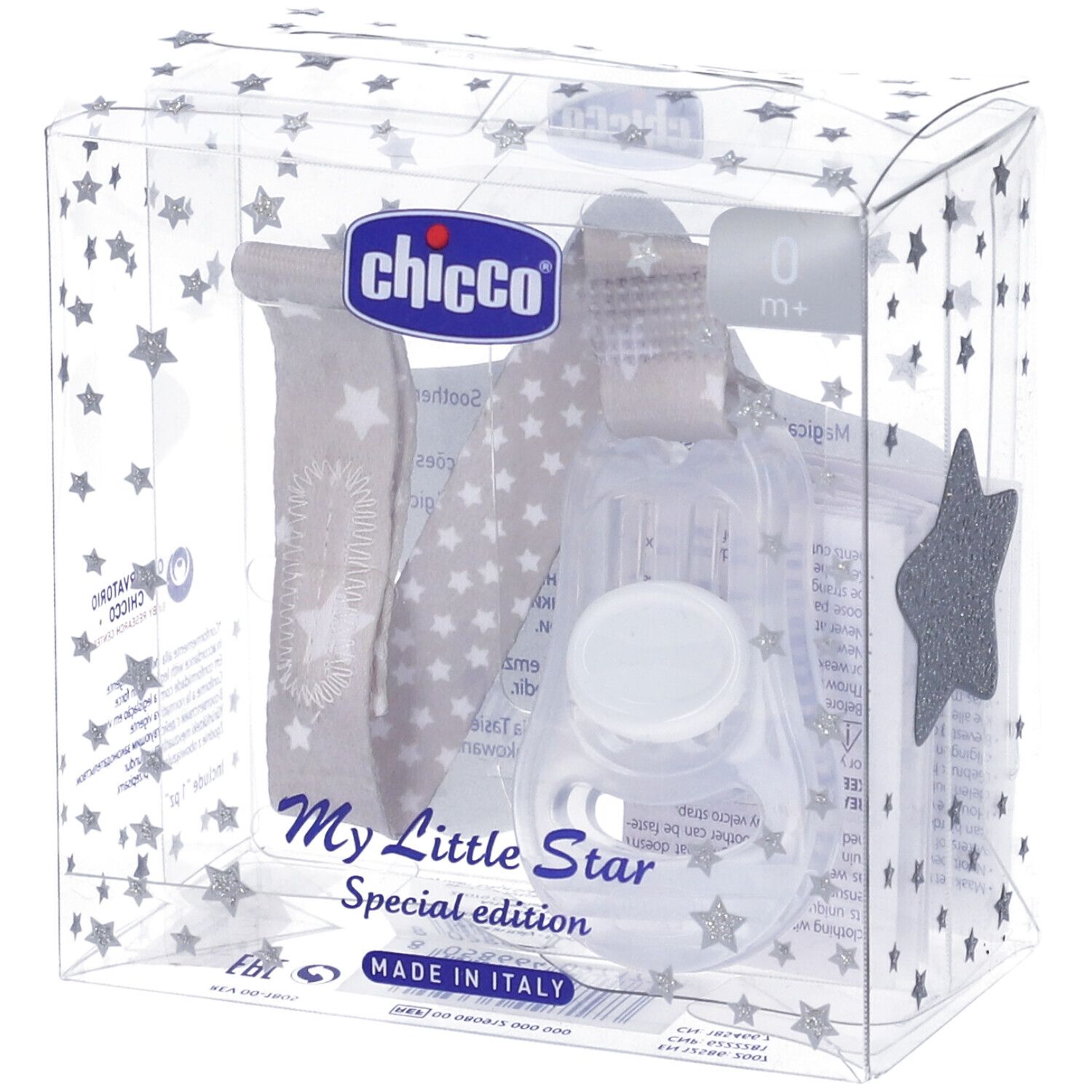 Set clip Chicco per succhietto in confezione trasparente. Include clip, supporto e decorazione a stella. Età: 0m+.