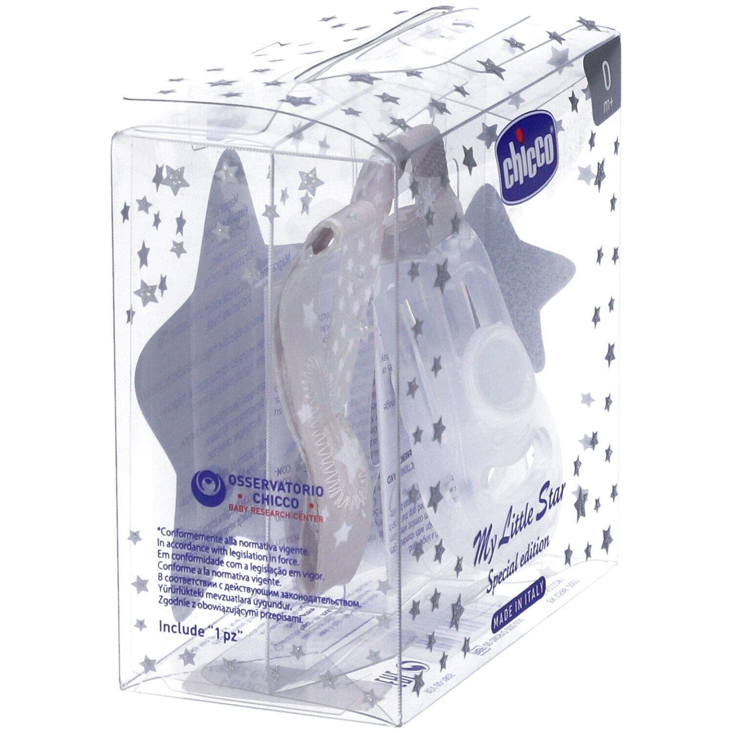 Set clip Chicco per succhietto in confezione trasparente. Include clip, supporto e decorazione a stella. Età: 0m+.